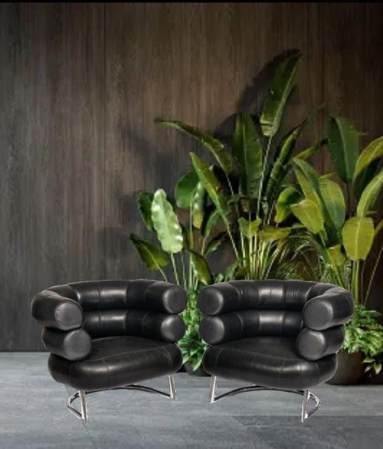 2 Black Leather Eileen Gray Design Of The BIBENDUM Chairs Chrome Base Art Deco  For Sale 15