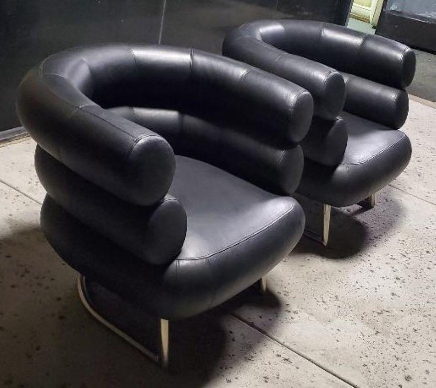 20th Century 2 Black Leather Eileen Gray Design Of The BIBENDUM Chairs Chrome Base Art Deco  For Sale