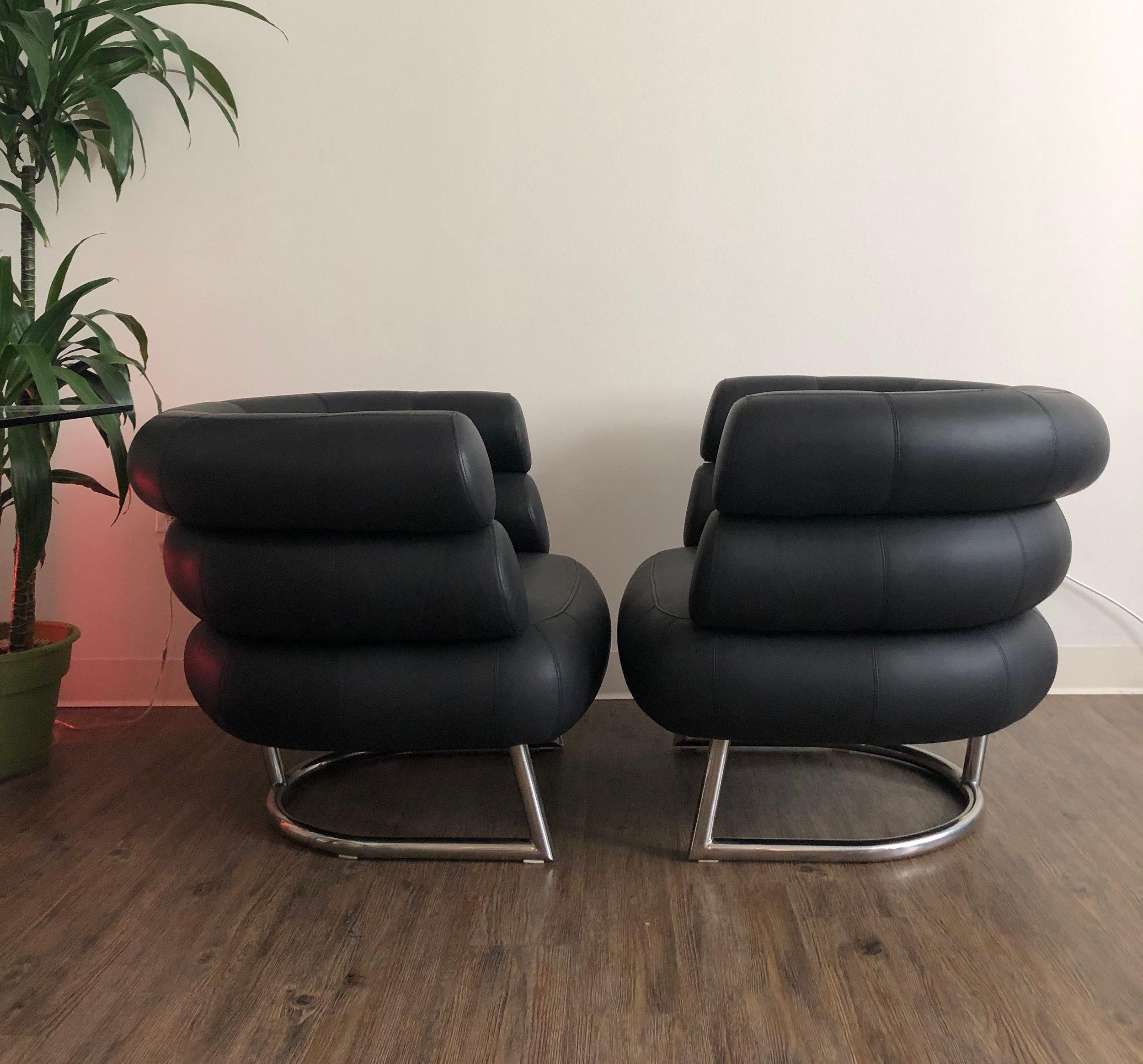 2 Black Leather Eileen Gray Design Of The BIBENDUM Chairs Chrome Base Art Deco  For Sale 3