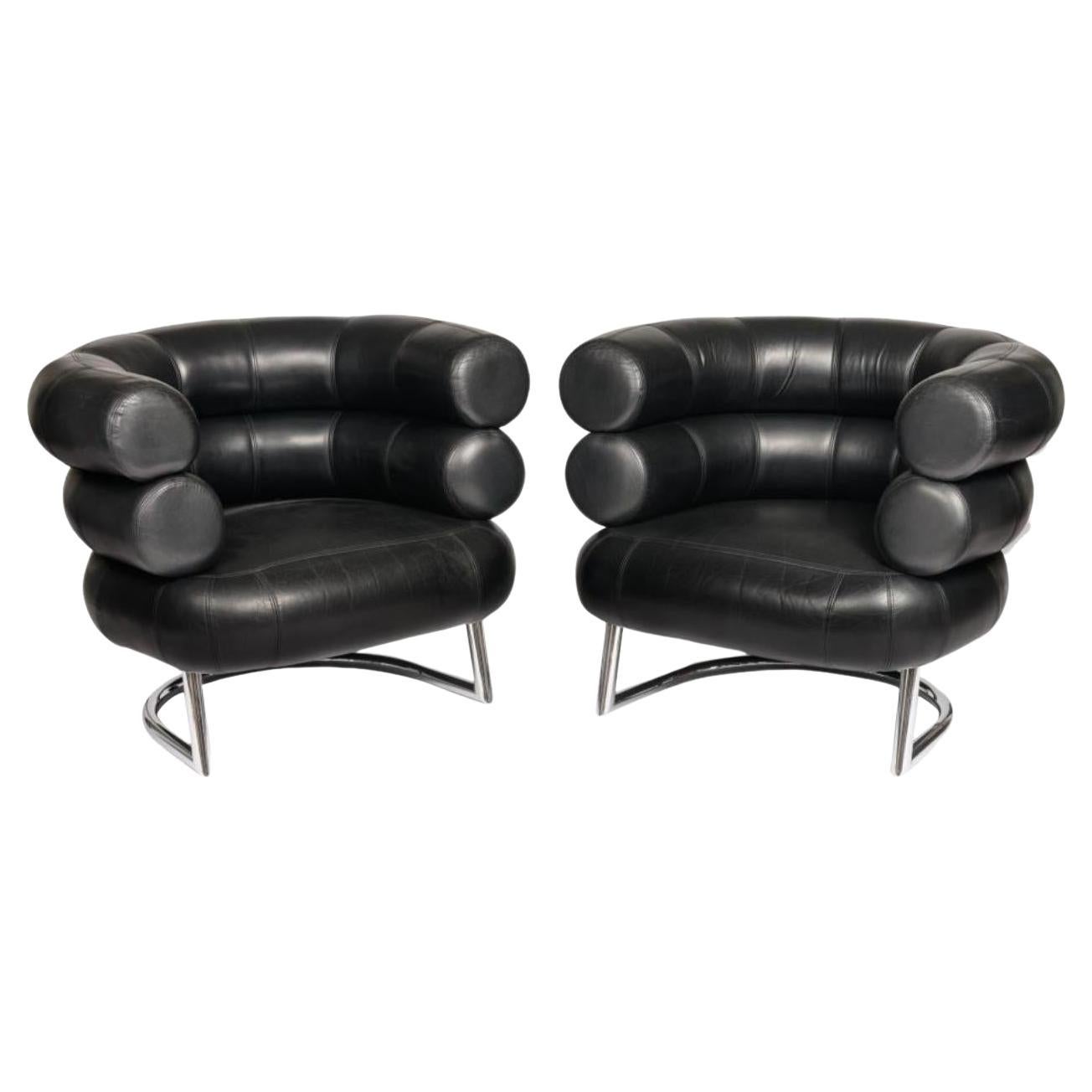 2 Black Leather Eileen Gray Design Of The BIBENDUM Chairs Chrome Base Art Deco  For Sale