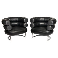 2 Black Leather Eileen Gray Design Of The BIBENDUM Chairs Chrome Base Art Deco 