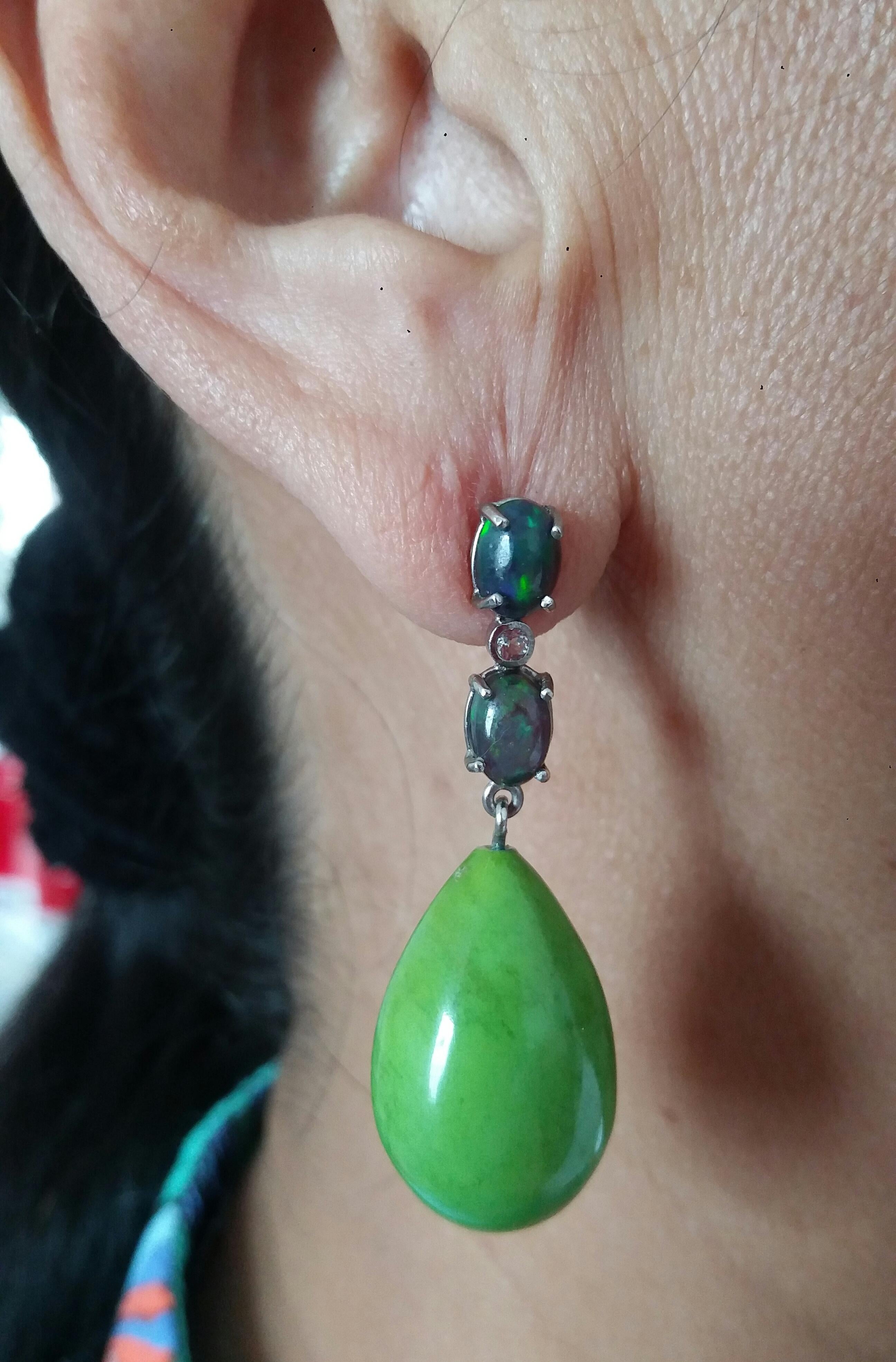 2 Black Opal Cabs 14k Gold Diamonds Green Turkmenistan Turquoise Drops Earrings For Sale 5