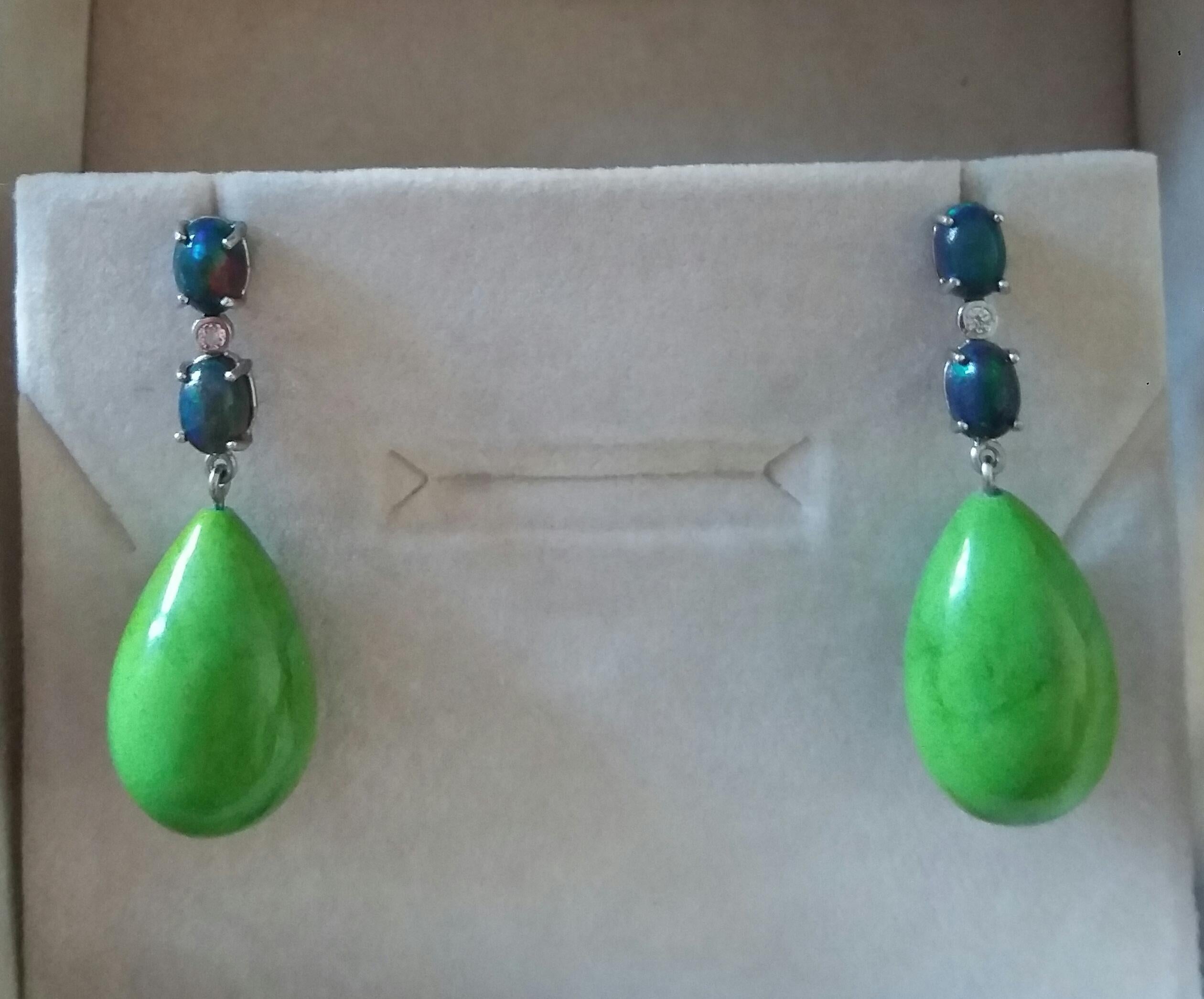 Women's 2 Black Opal Cabs 14k Gold Diamonds Green Turkmenistan Turquoise Drops Earrings For Sale