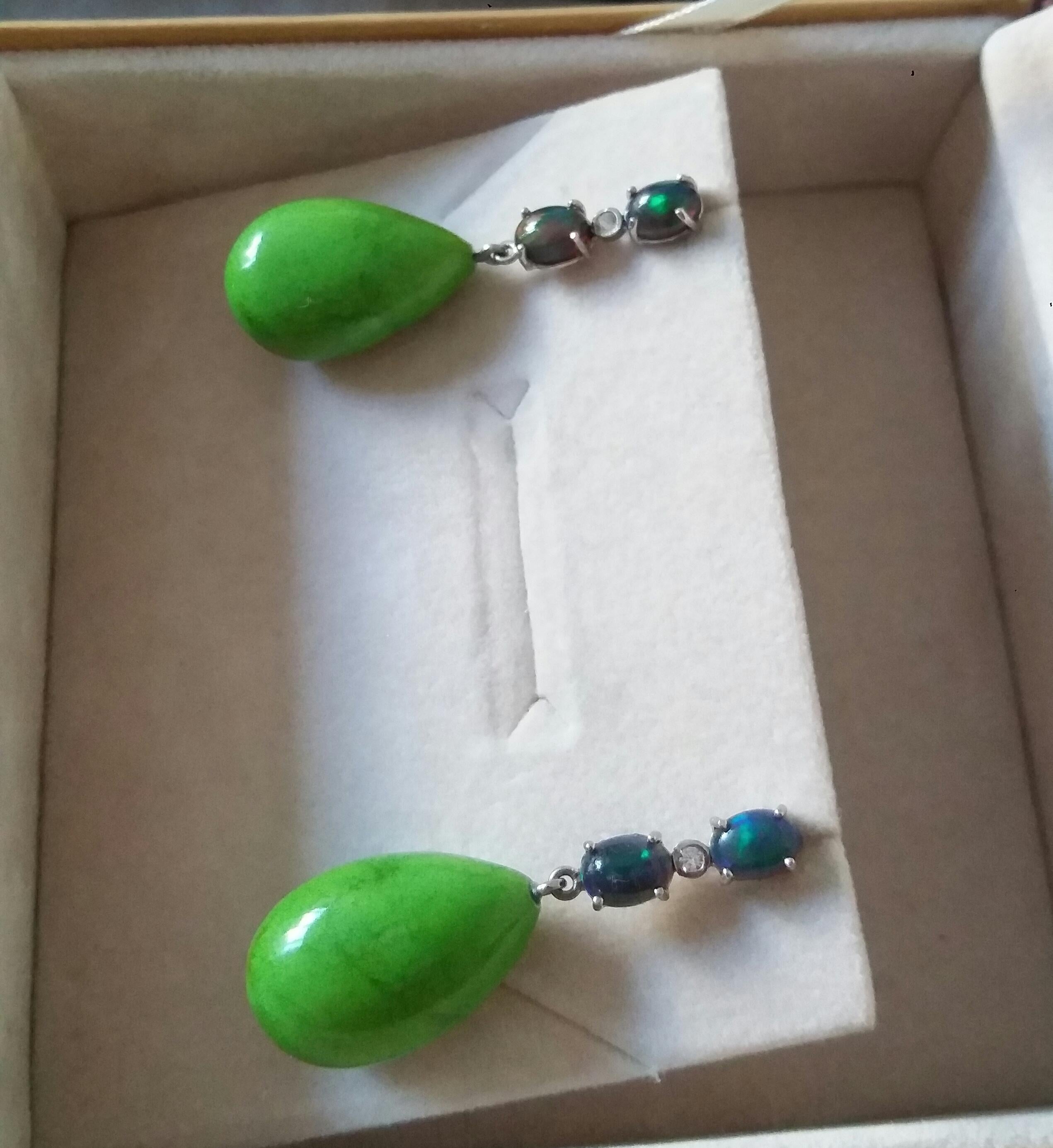 2 Black Opal Cabs 14k Gold Diamonds Green Turkmenistan Turquoise Drops Earrings For Sale 1