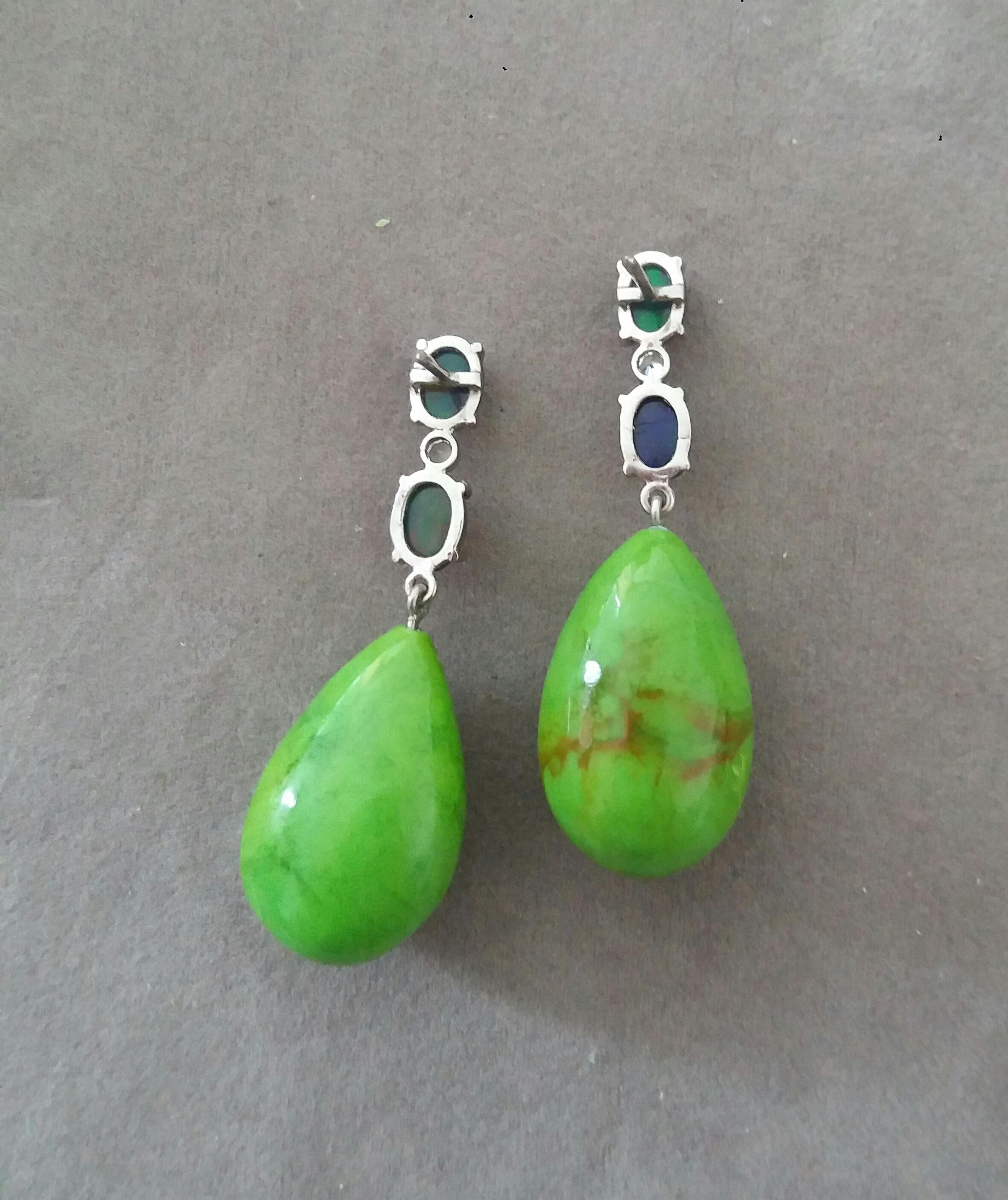 2 Black Opal Cabs 14k Gold Diamonds Green Turkmenistan Turquoise Drops Earrings For Sale 3