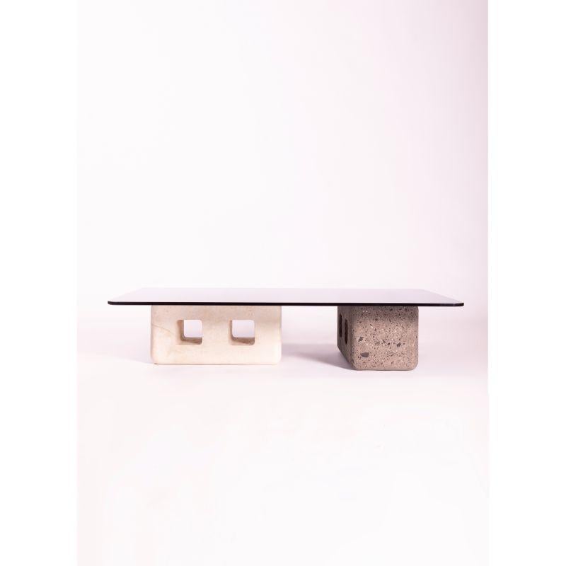 2 Blocks table by Chuch Estudio
(Handmade in México)
Materials: Ticul Stone, Mayan Cream Stone, Black Cantera, Mexican Cantera
Dimensions: 80cm x 80cm x 20cm H (80cm square of glass) Square
W 70 x L 110 x H 20cm (Glass top W 70 x L 110)