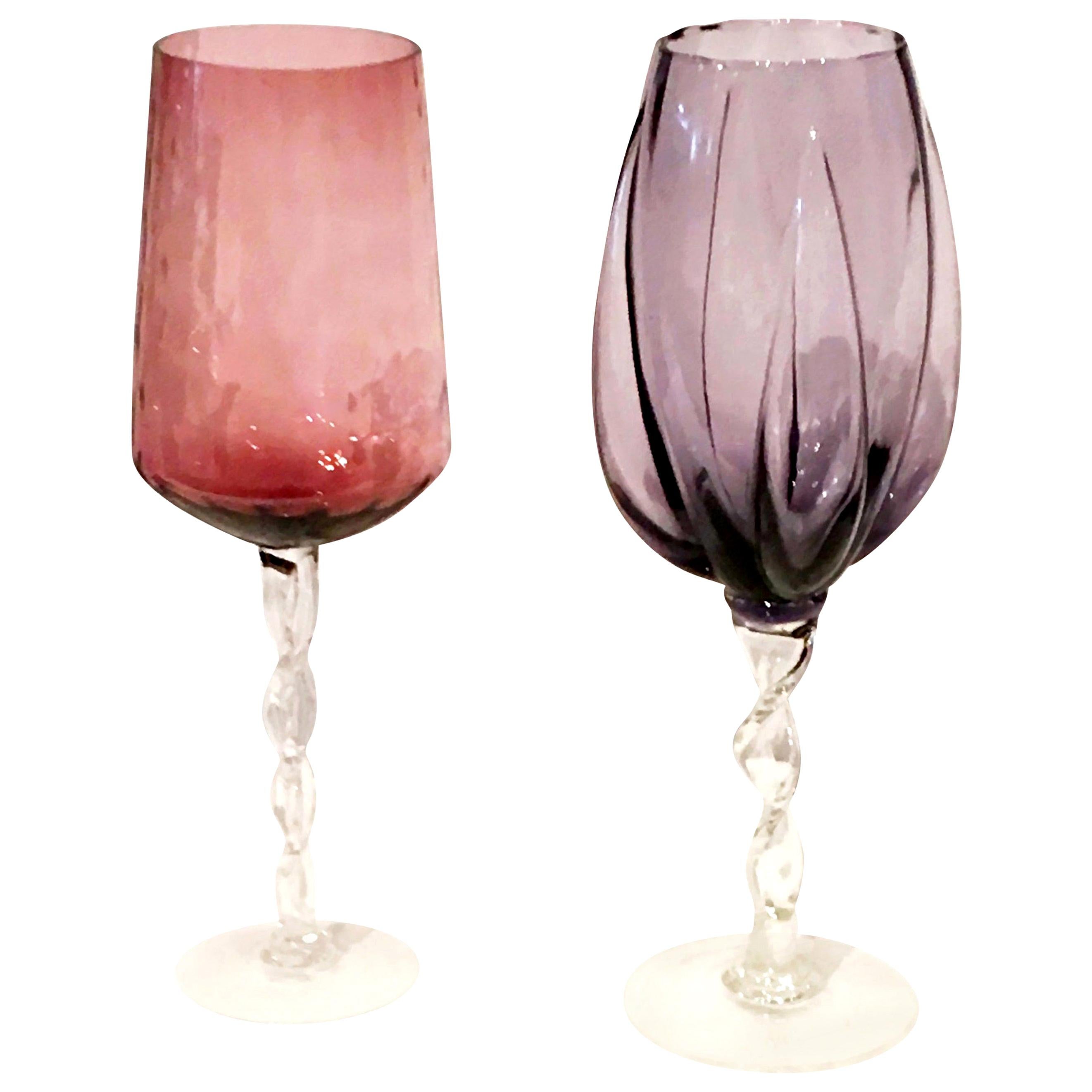 2 Blown Pink & Purple Over-Sized Glass Brandy Snifters/Vases with Braided Stems For Sale