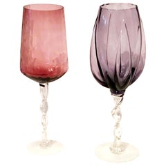 Retro 2 Blown Pink & Purple Over-Sized Glass Brandy Snifters/Vases with Braided Stems