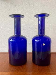 2 Blue "Gulvase" Glass Vases by Otto Bauer produced by Holmegaard, Denmark 1960s