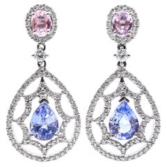 2 Blue Pear Shape Sapphires Diamond Earrings in 18k White Gold