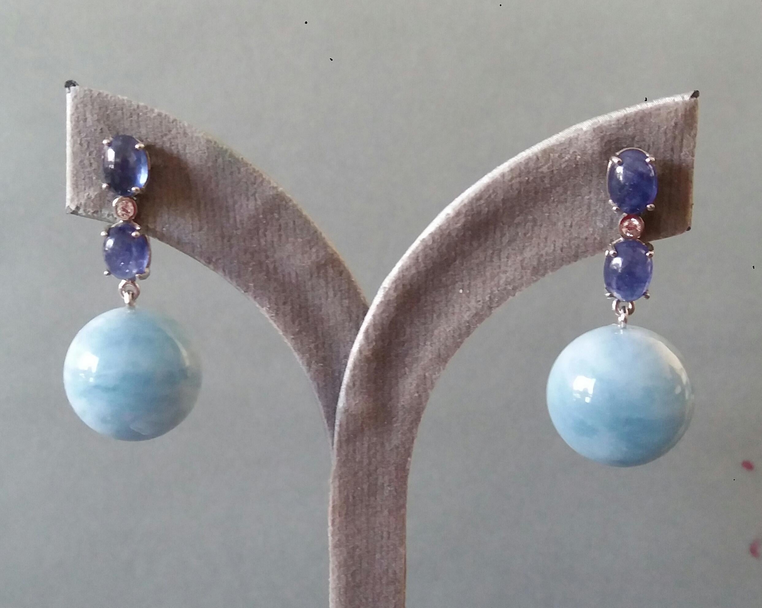 2 Blue Sapphire Oval Cabs White Gold Diamonds Aquamarine Round Beads Earrings For Sale 4