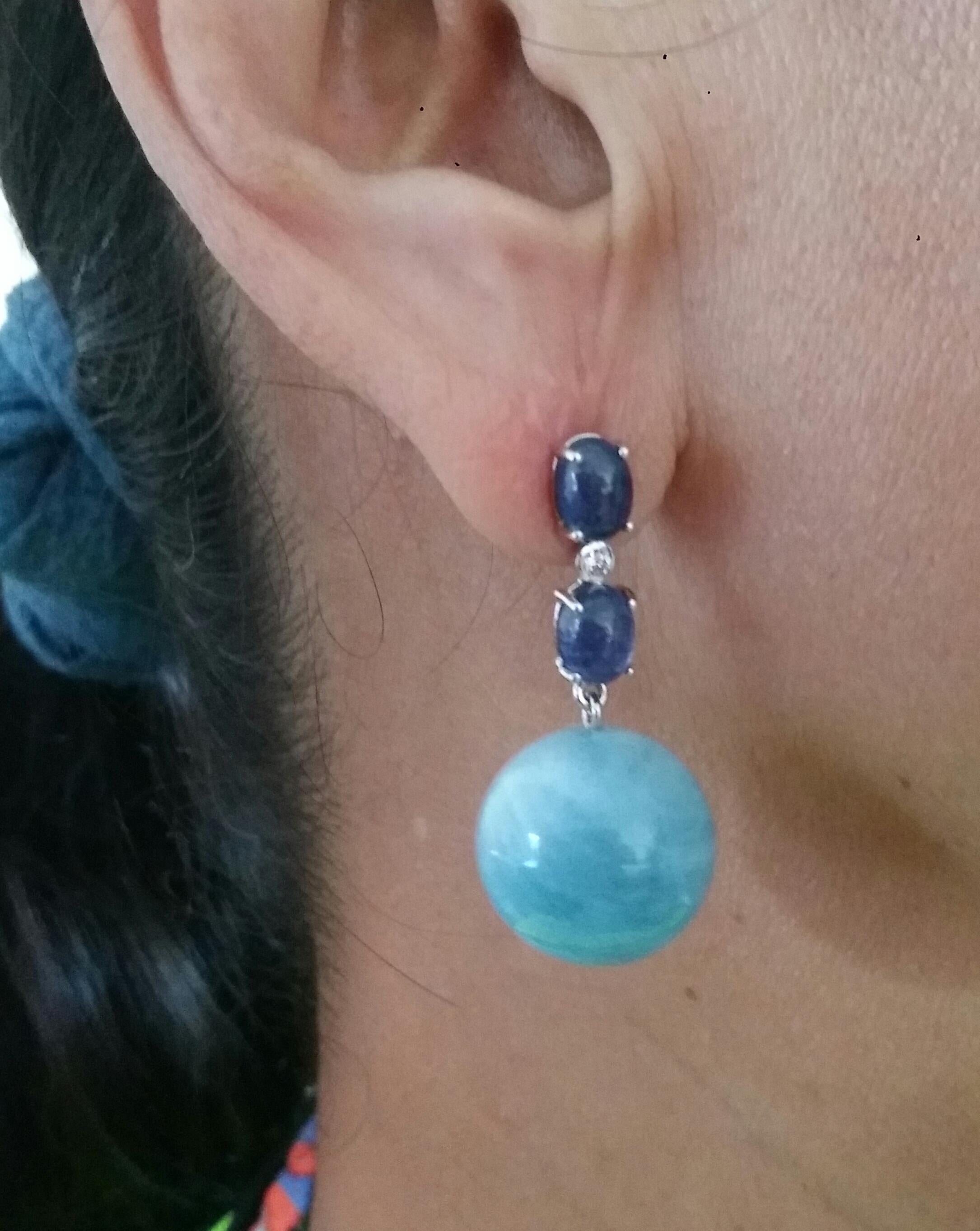 2 Blue Sapphire Oval Cabs White Gold Diamonds Aquamarine Round Beads Earrings For Sale 6