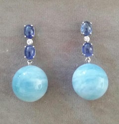 2 Blue Sapphire Oval Cabs White Gold Diamonds Aquamarine Round Beads Earrings