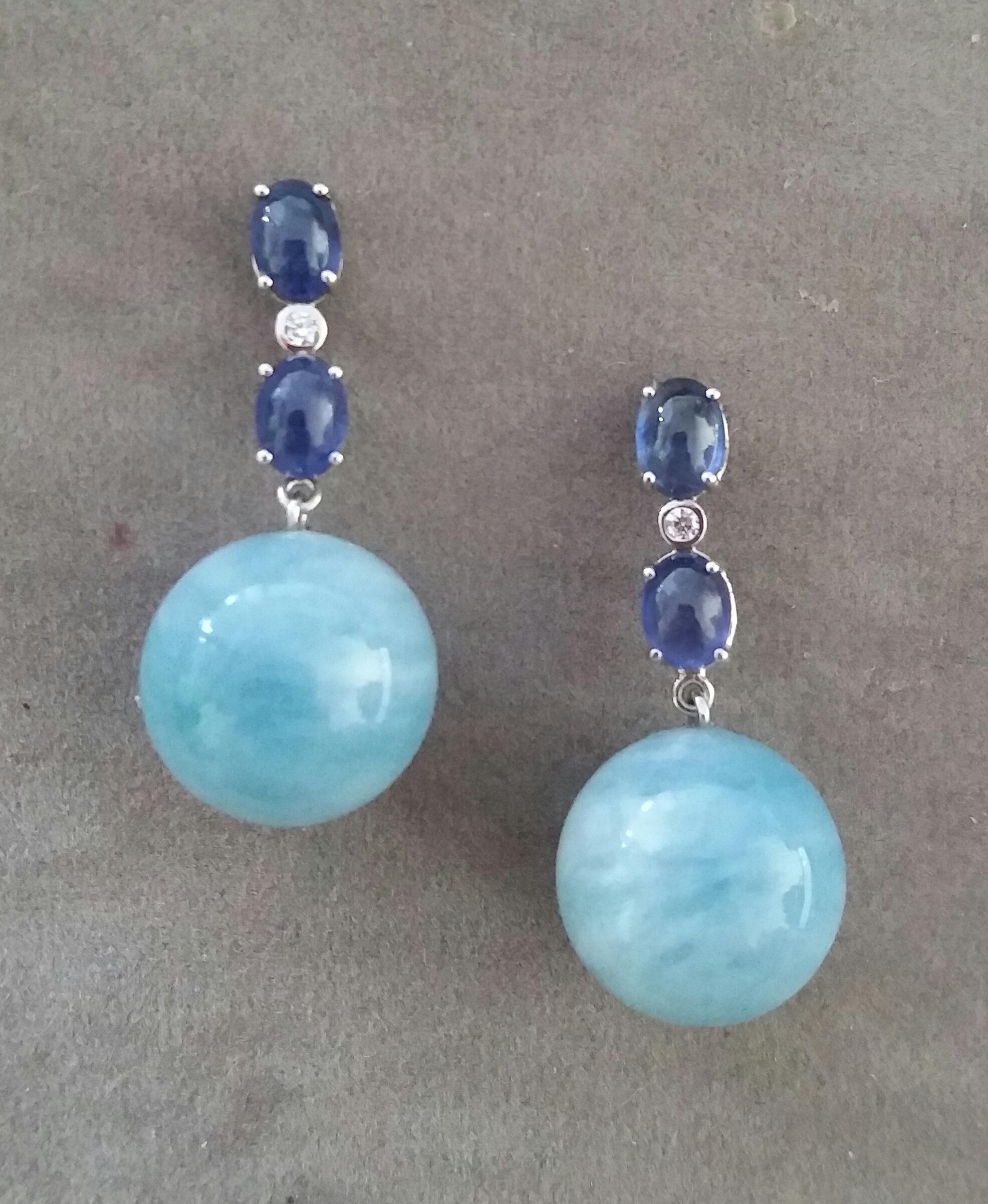 Contemporary 2 Blue Sapphire Oval Cabs White Gold Diamonds Aquamarine Round Beads Earrings For Sale