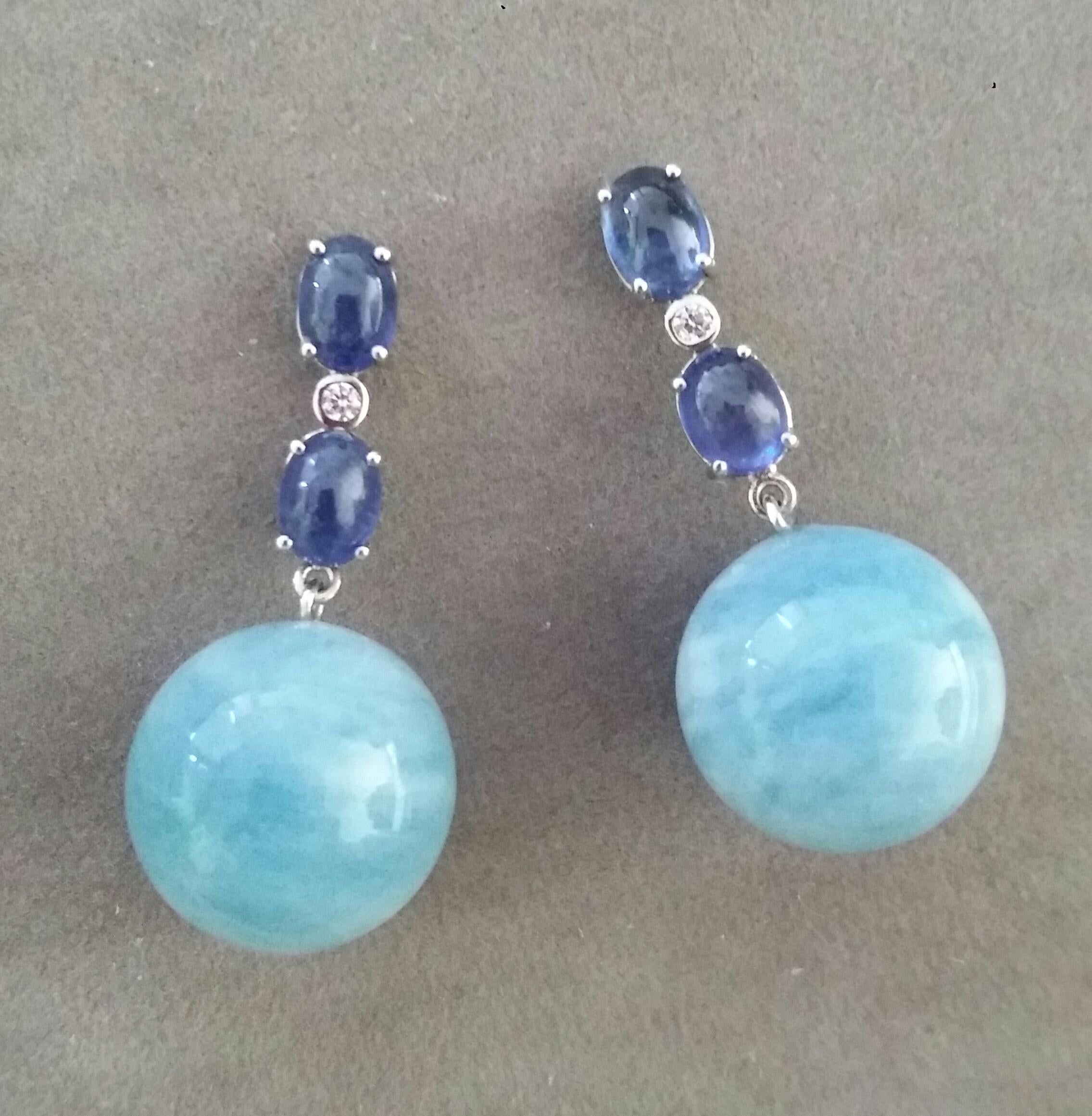 Mixed Cut 2 Blue Sapphire Oval Cabs White Gold Diamonds Aquamarine Round Beads Earrings For Sale