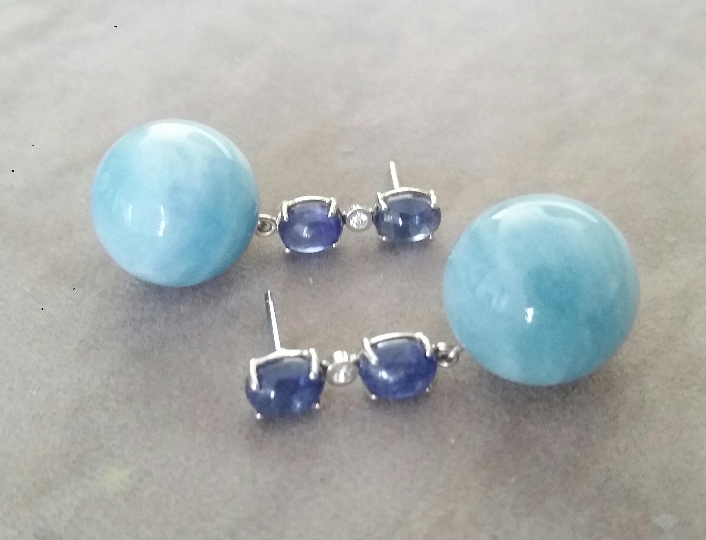 2 Blue Sapphire Oval Cabs White Gold Diamonds Aquamarine Round Beads Earrings In Good Condition For Sale In Bangkok, TH
