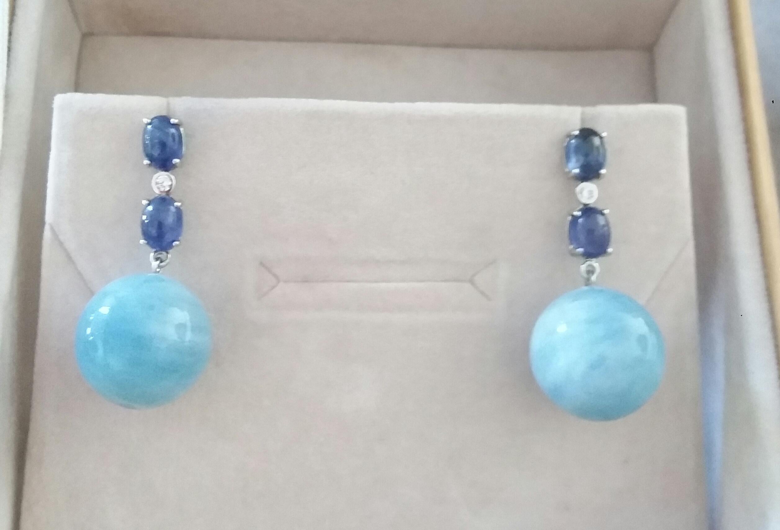 2 Blue Sapphire Oval Cabs White Gold Diamonds Aquamarine Round Beads Earrings For Sale 2