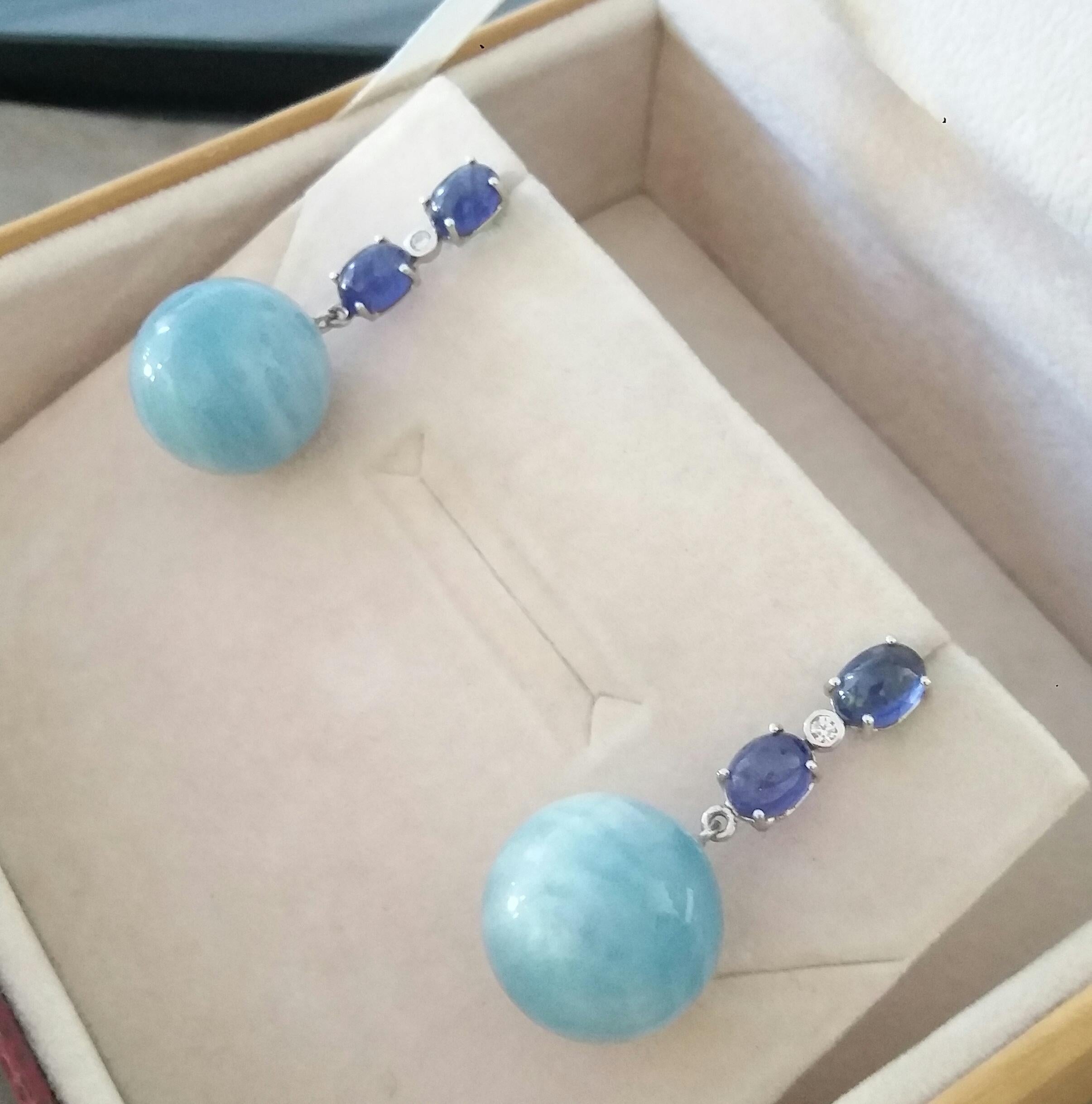 2 Blue Sapphire Oval Cabs White Gold Diamonds Aquamarine Round Beads Earrings For Sale 3