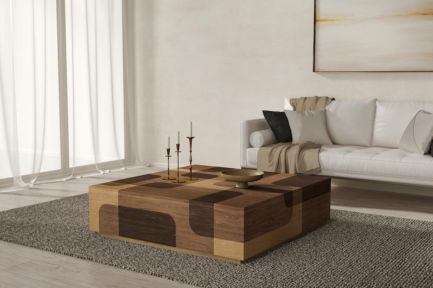 Mid-Century Modern 2 tables d'appoint Bodega et 1 table basse en marqueterie de bois chaud par Joel Escalona en vente