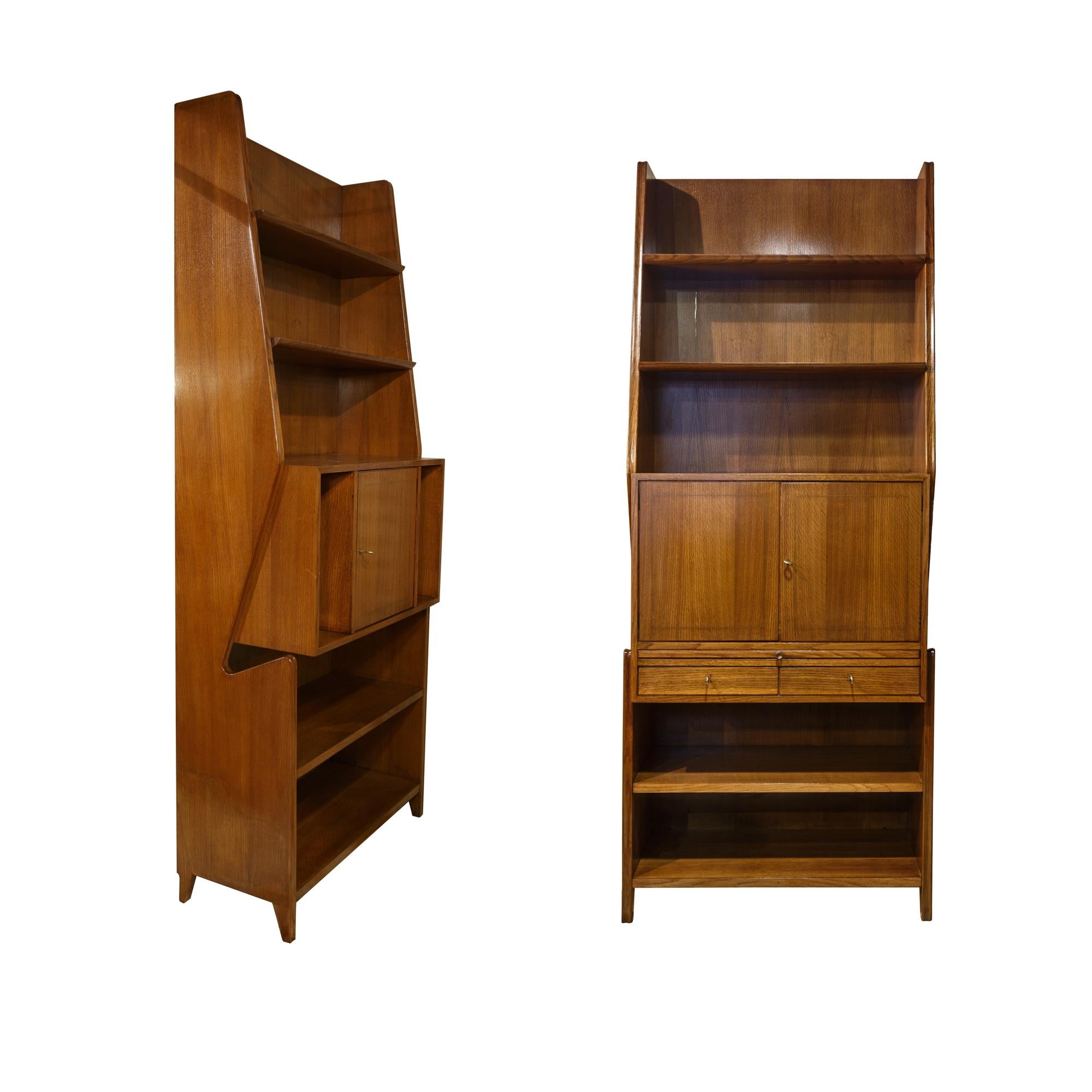 2 bookcases in Gio Ponti style 1950s Italy one of the two pieces of cabinets has a desk Interesting in design and very versatile for any environment , they give a touch of Italian design Mid-Century Modern 1950s.