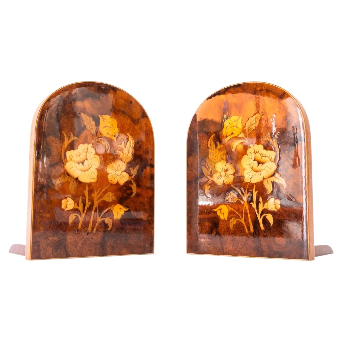 2 Bookends polished wood with inlays around 1960s For Sale