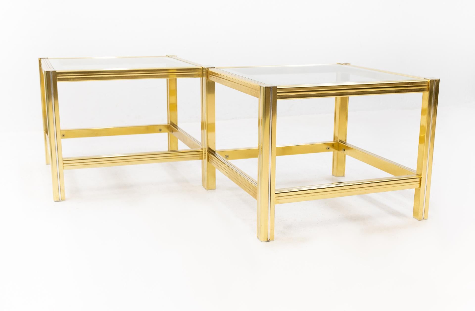 Hollywood Regency 2 Brass and Glass Side Tables, France, 1970s For Sale