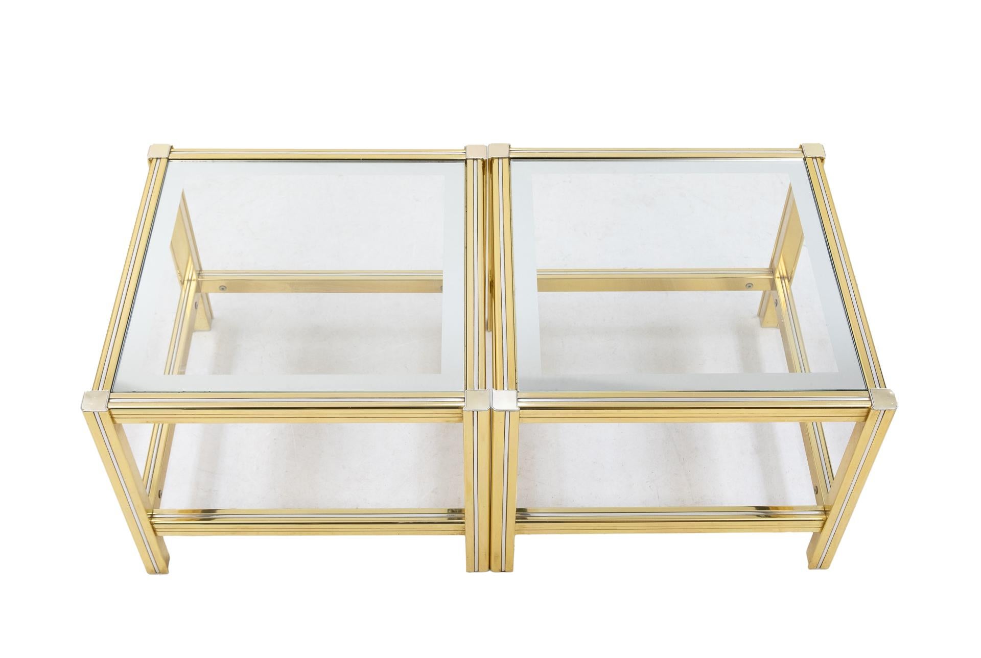 French 2 Brass and Glass Side Tables, France, 1970s For Sale