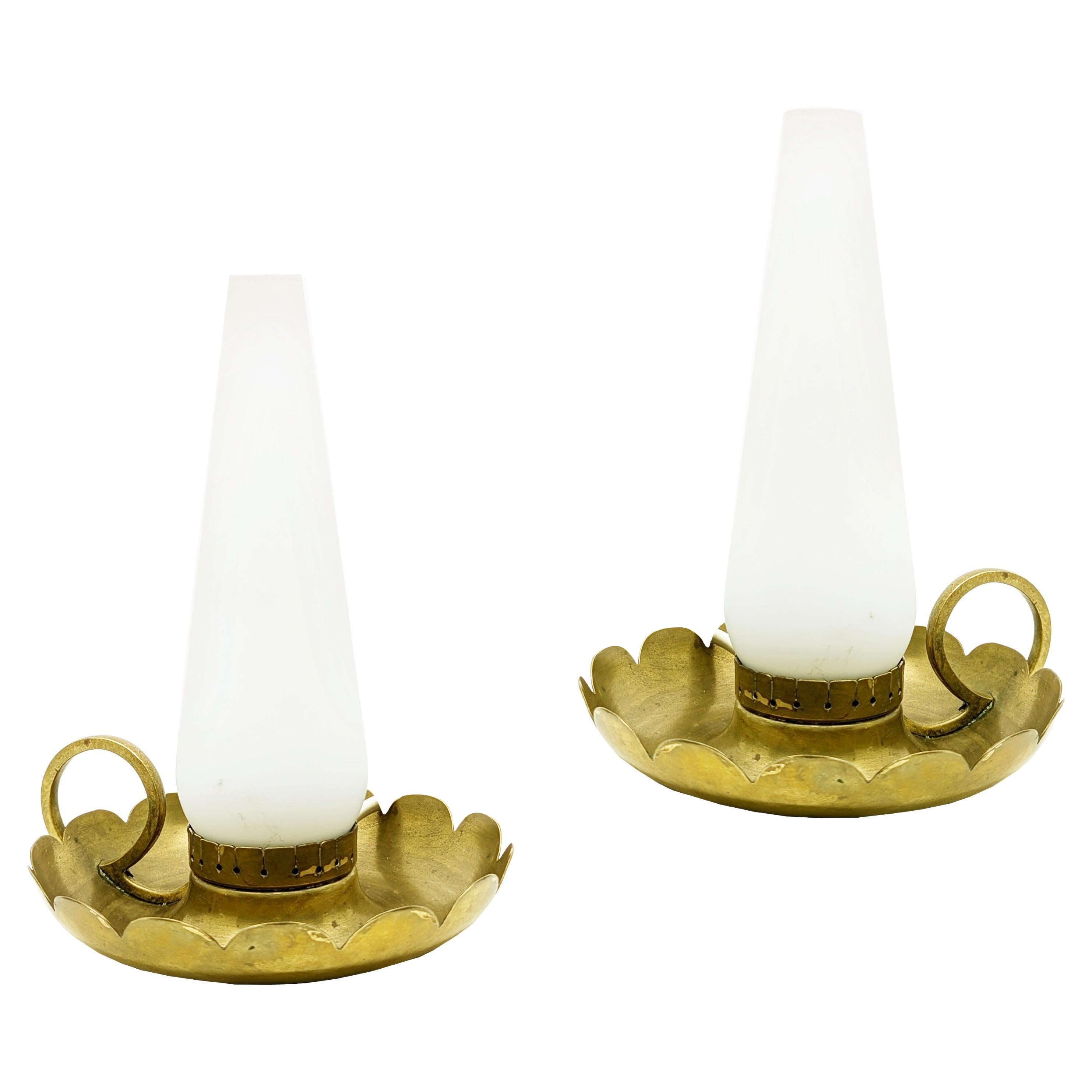 2 Brass and opaline glass bedside table lamps in the manner of Arreduloce, 1940s