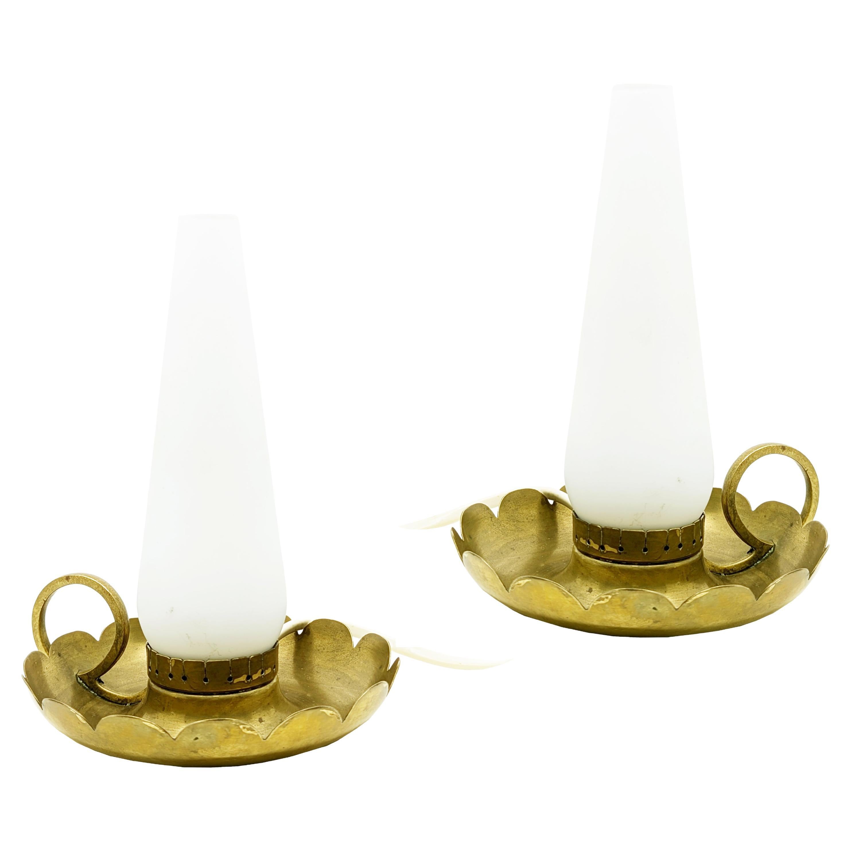 2 Brass and opaline glass bedside table lamps in the manner of Arreduloce, 1940s