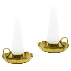 2 Brass and opaline glass bedside table lamps in the manner of Arreduloce, 1940s