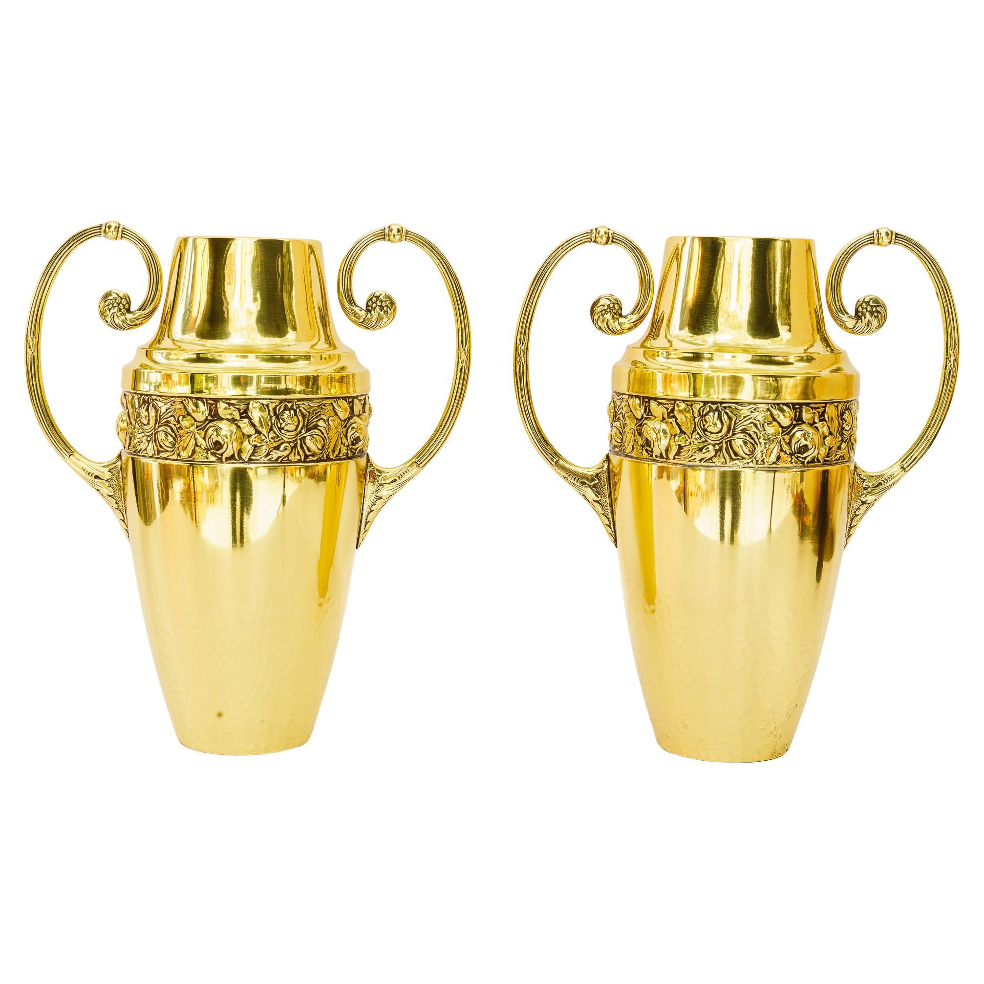 2 Brass jugendstil vases vienna around 1908 For Sale