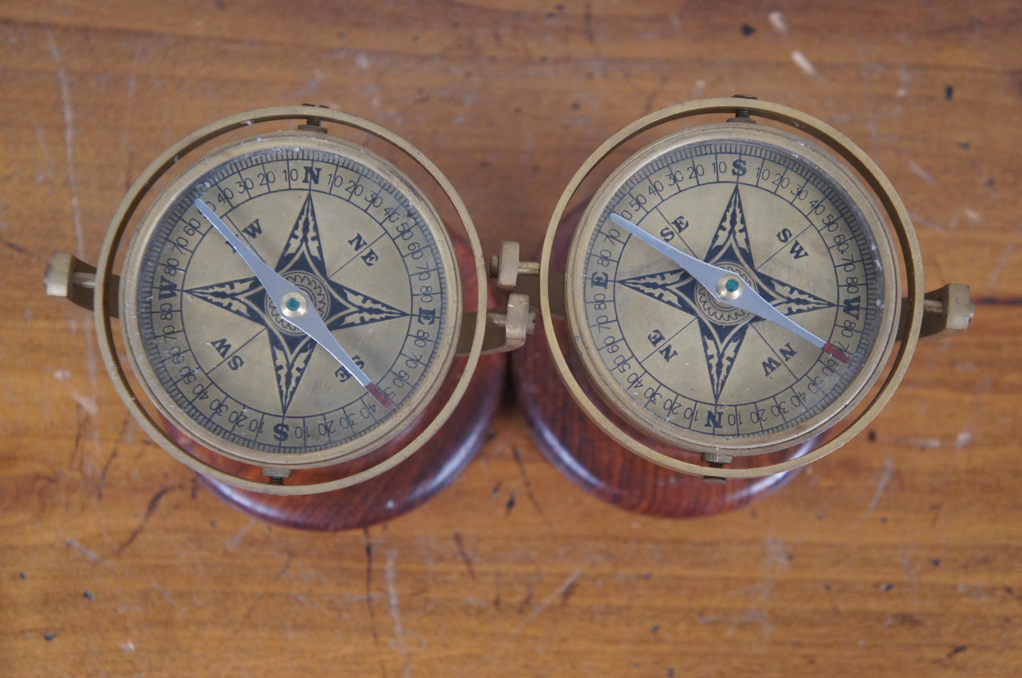 20th Century 2 Brass Nautical Maritime Swivel Gimbal Ship Compass on Wood Stand 5