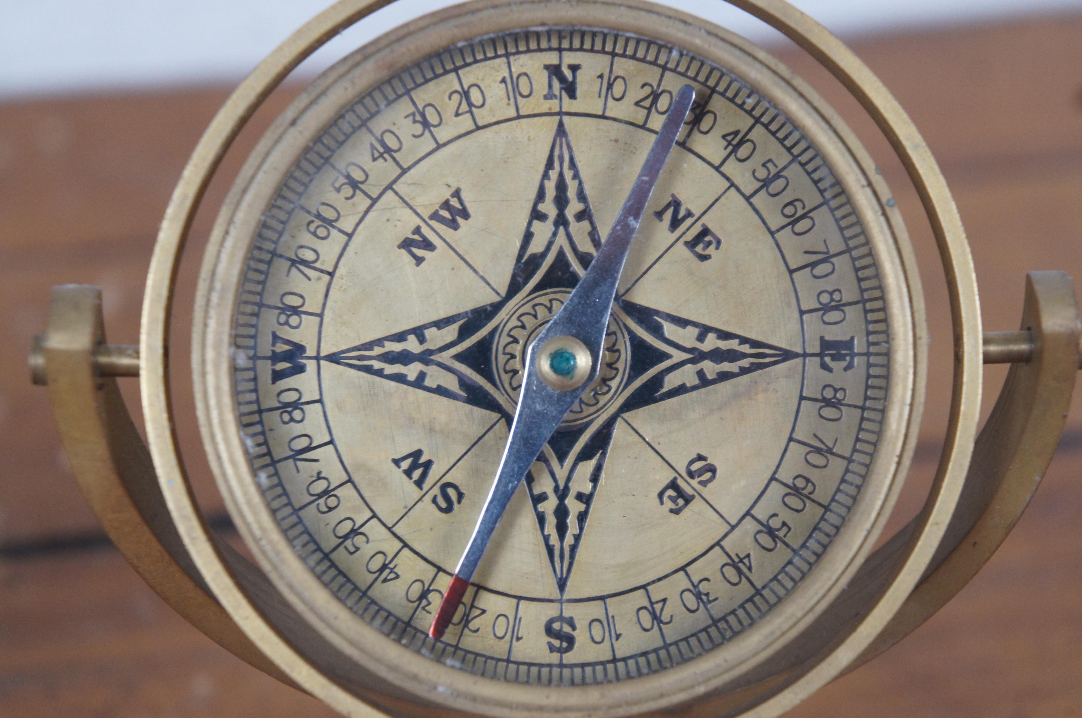 2 Brass Nautical Maritime Swivel Gimbal Ship Compass on Wood Stand 5