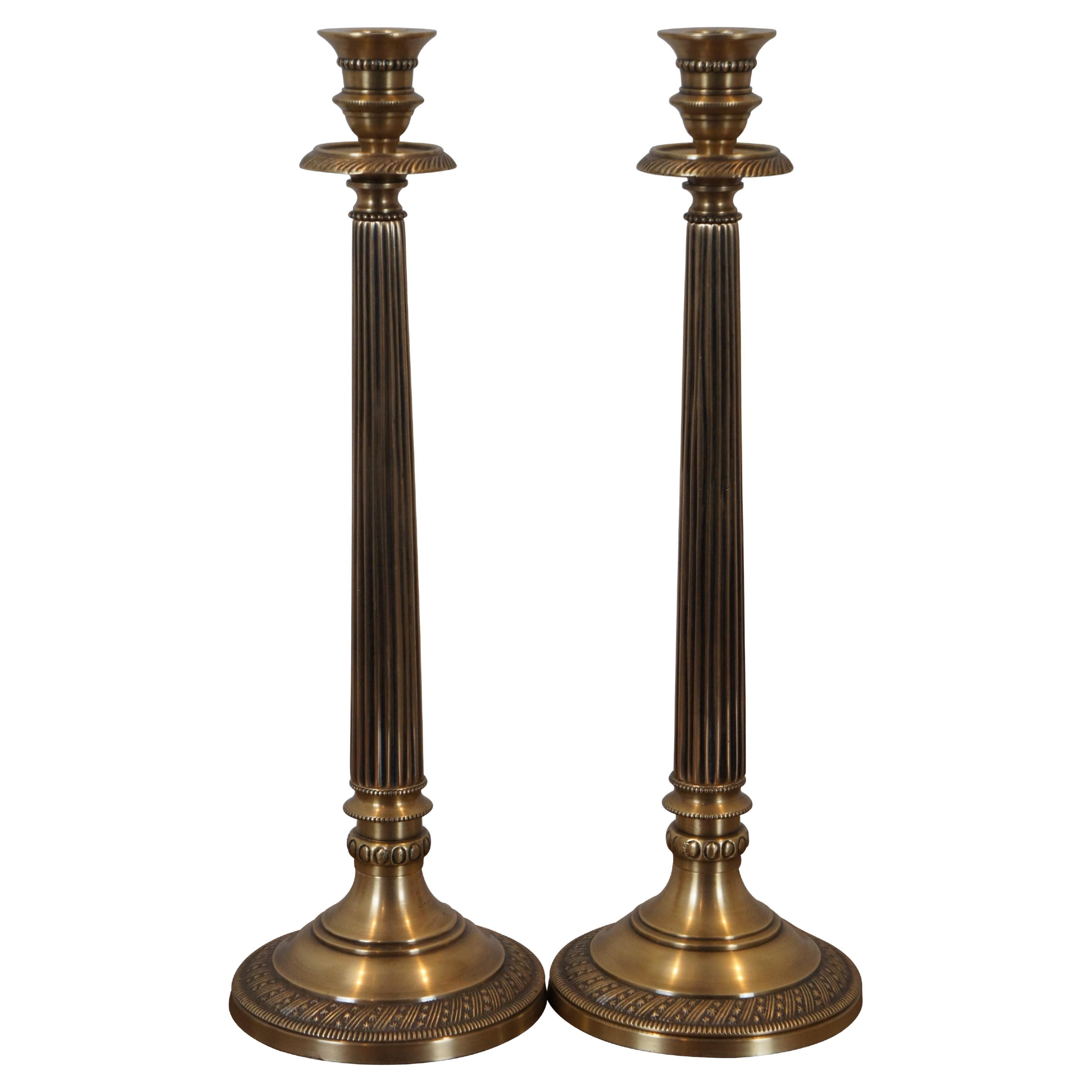 2 Brass Neoclassical Fluted Column Star Band Candlestick Candle Holders 15”