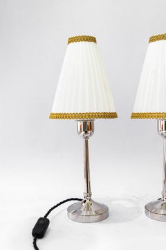 2 brass nickel-plated art deco table lamps with fabric shades vienna around 1920