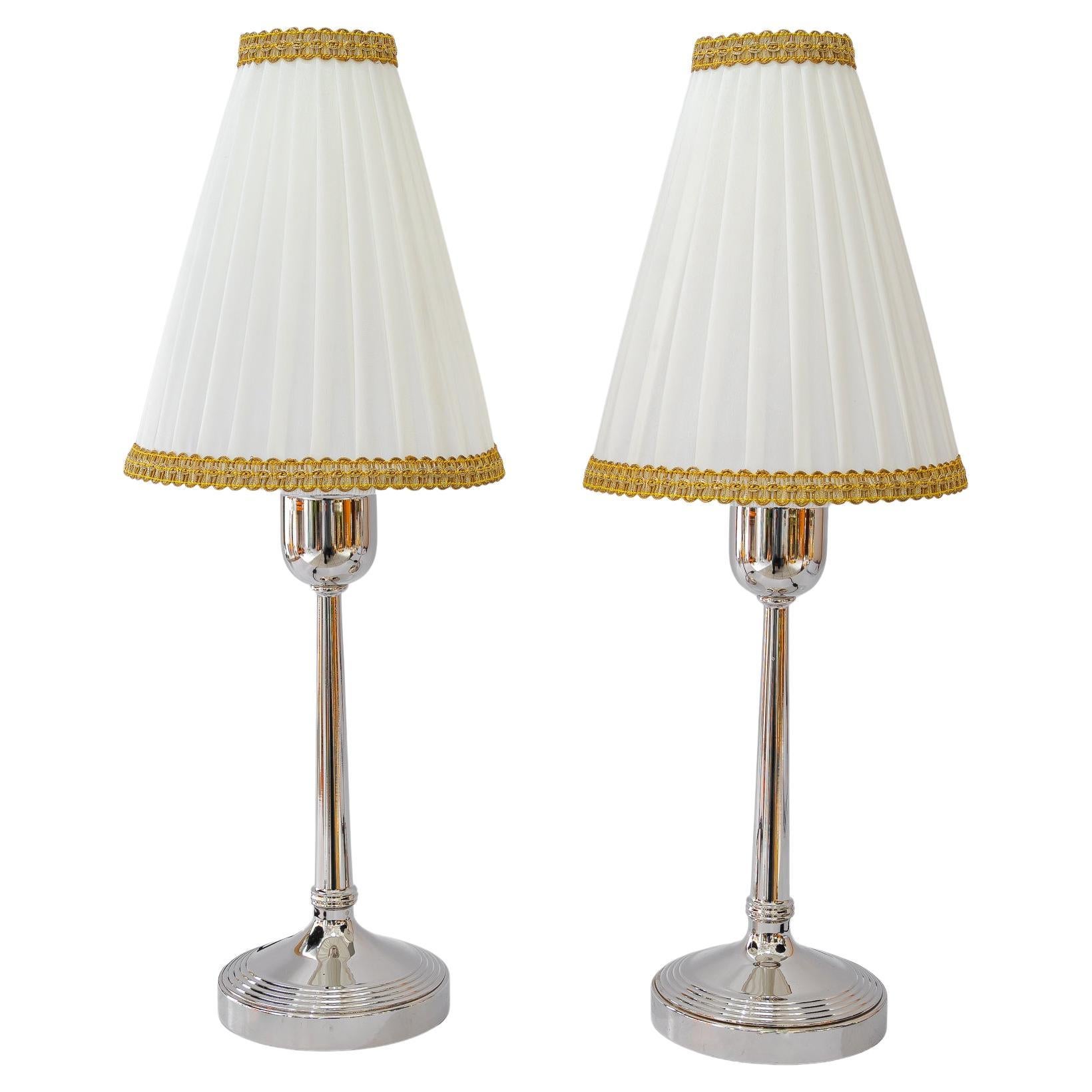 2 brass nickel-plated art deco table lamps with fabric shades vienna around 1920