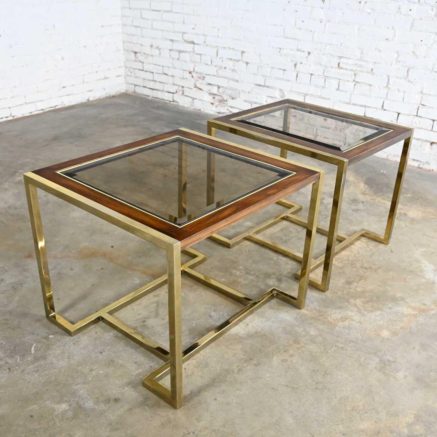 2 tables d'extrémité en bois plaqué laiton et verre de style Thomasville Furn de Milo Baughman en vente 3