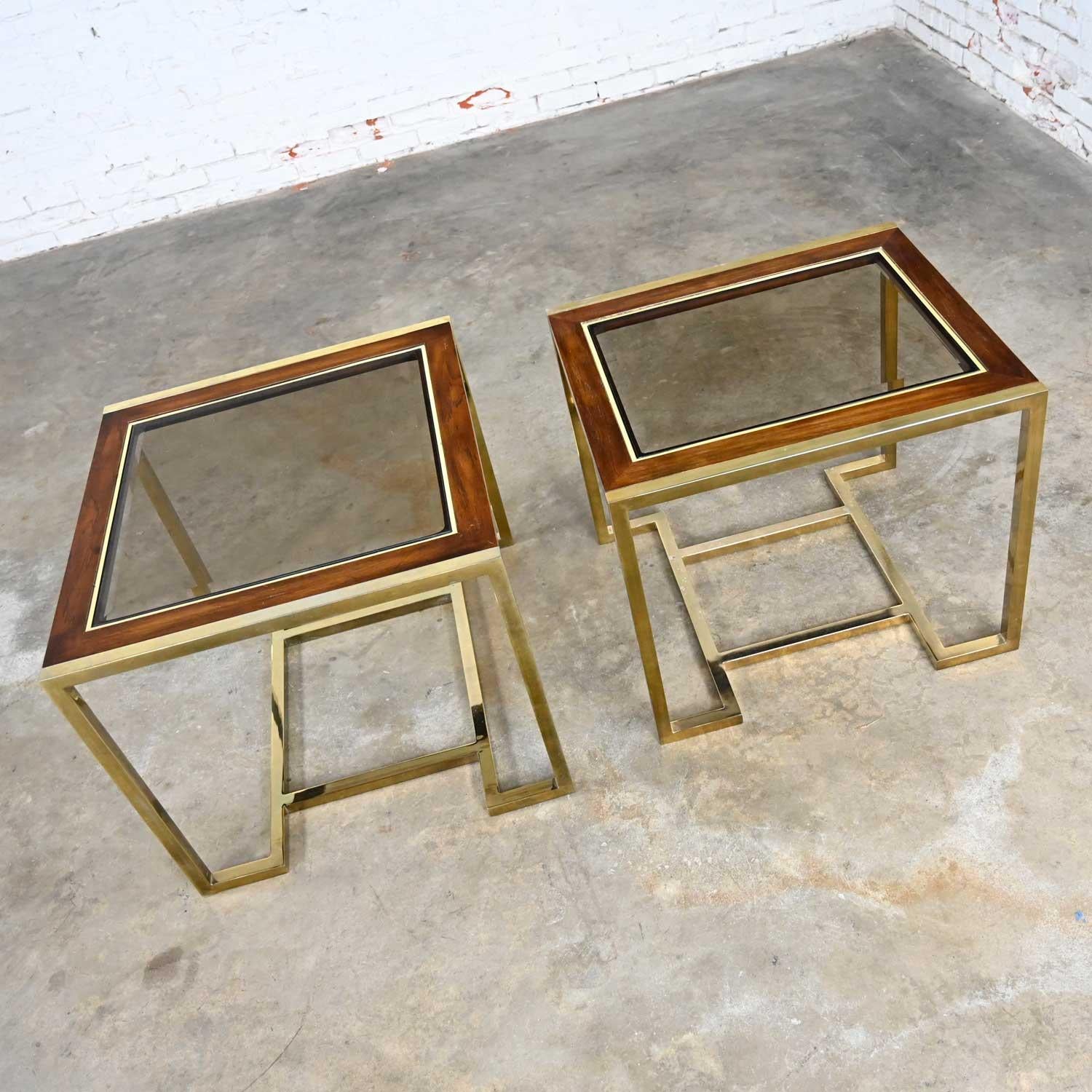 2 tables d'extrémité en bois plaqué laiton et verre de style Thomasville Furn de Milo Baughman en vente 4