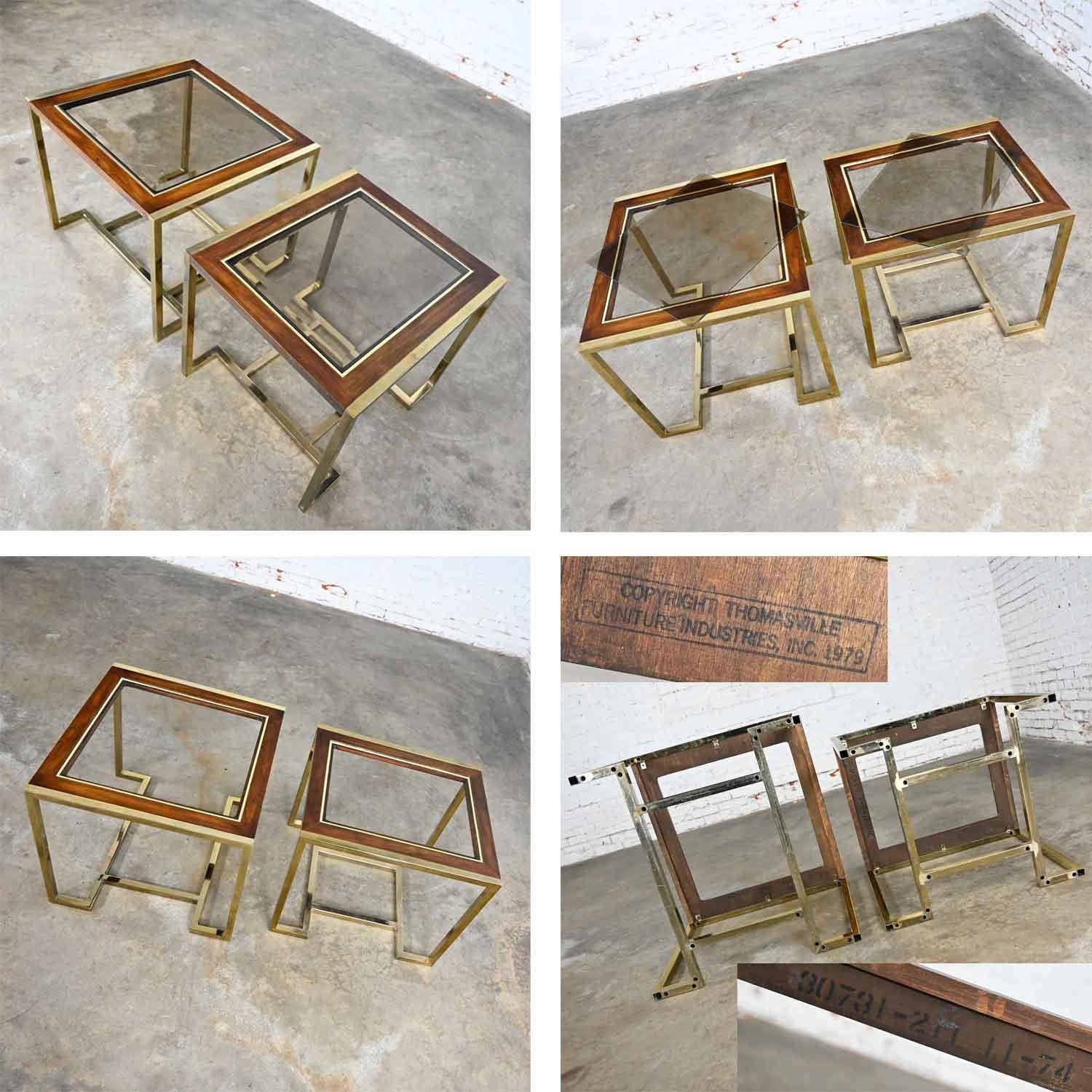 2 tables d'extrémité en bois plaqué laiton et verre de style Thomasville Furn de Milo Baughman en vente 5