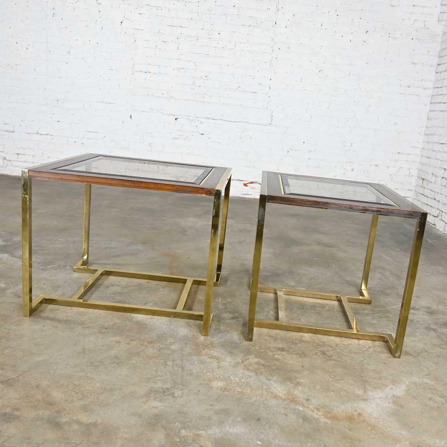 Modern 2 Brass Plated Wood & Glass End Tables by Thomasville Furn Style Milo Baughman For Sale