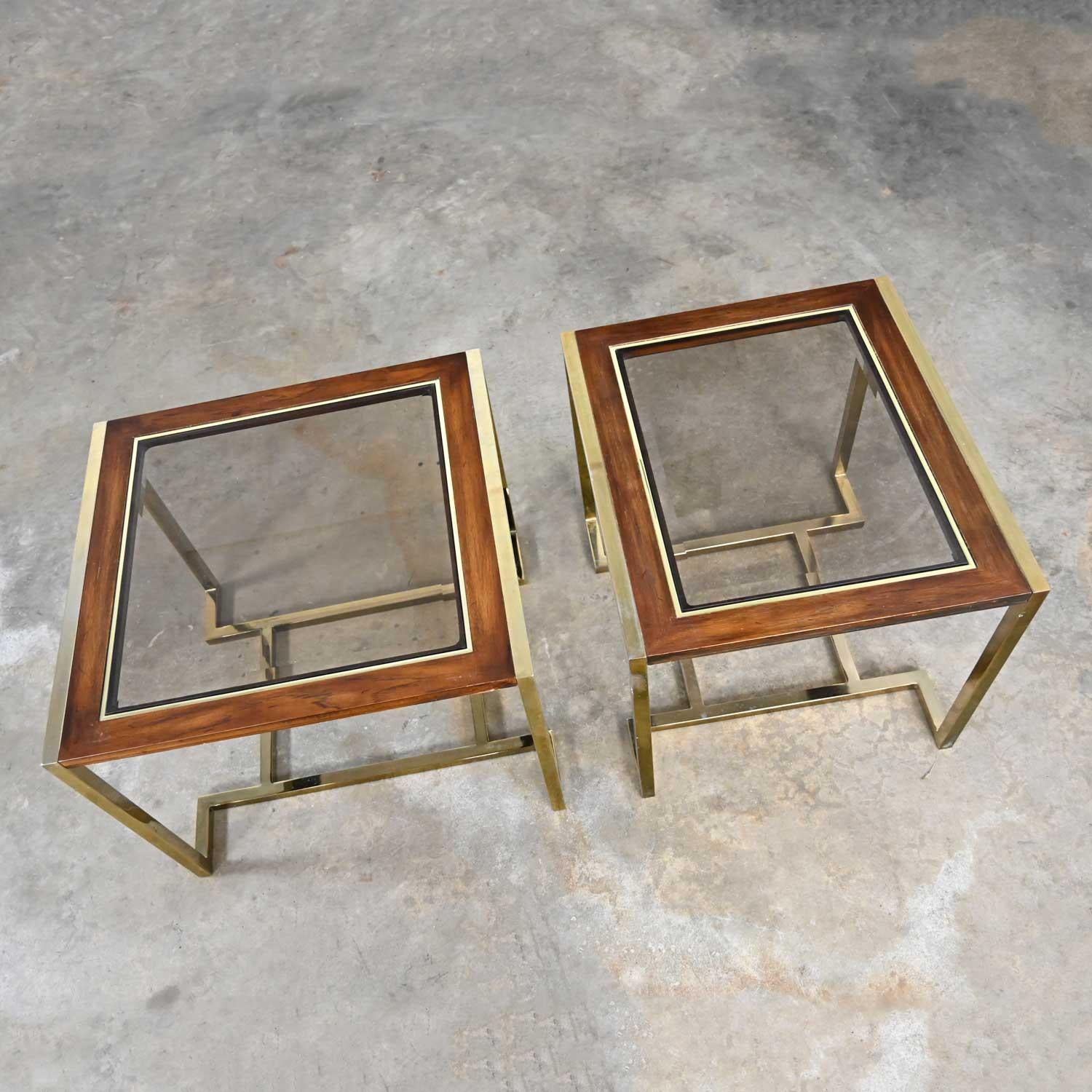 American 2 Brass Plated Wood & Glass End Tables by Thomasville Furn Style Milo Baughman For Sale