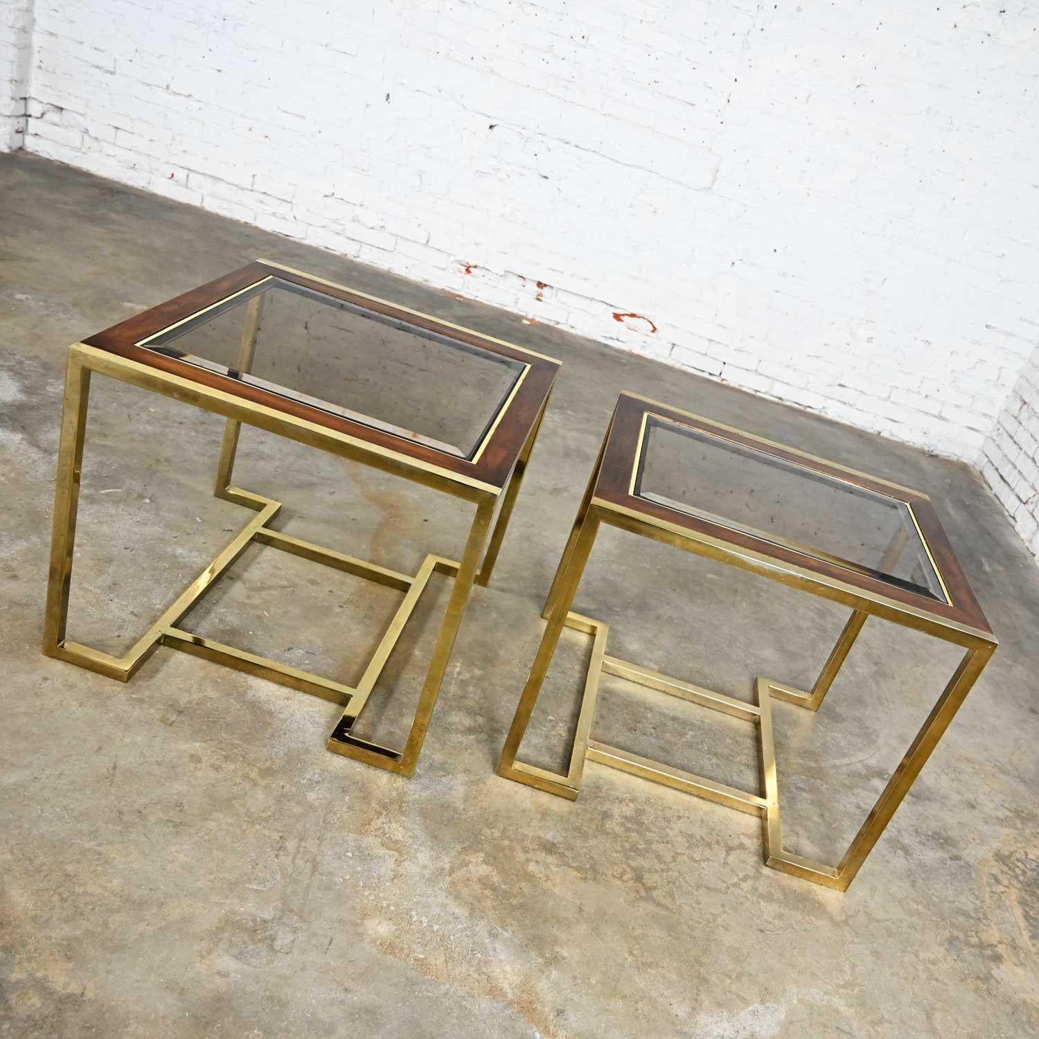 Beveled 2 Brass Plated Wood & Glass End Tables by Thomasville Furn Style Milo Baughman For Sale