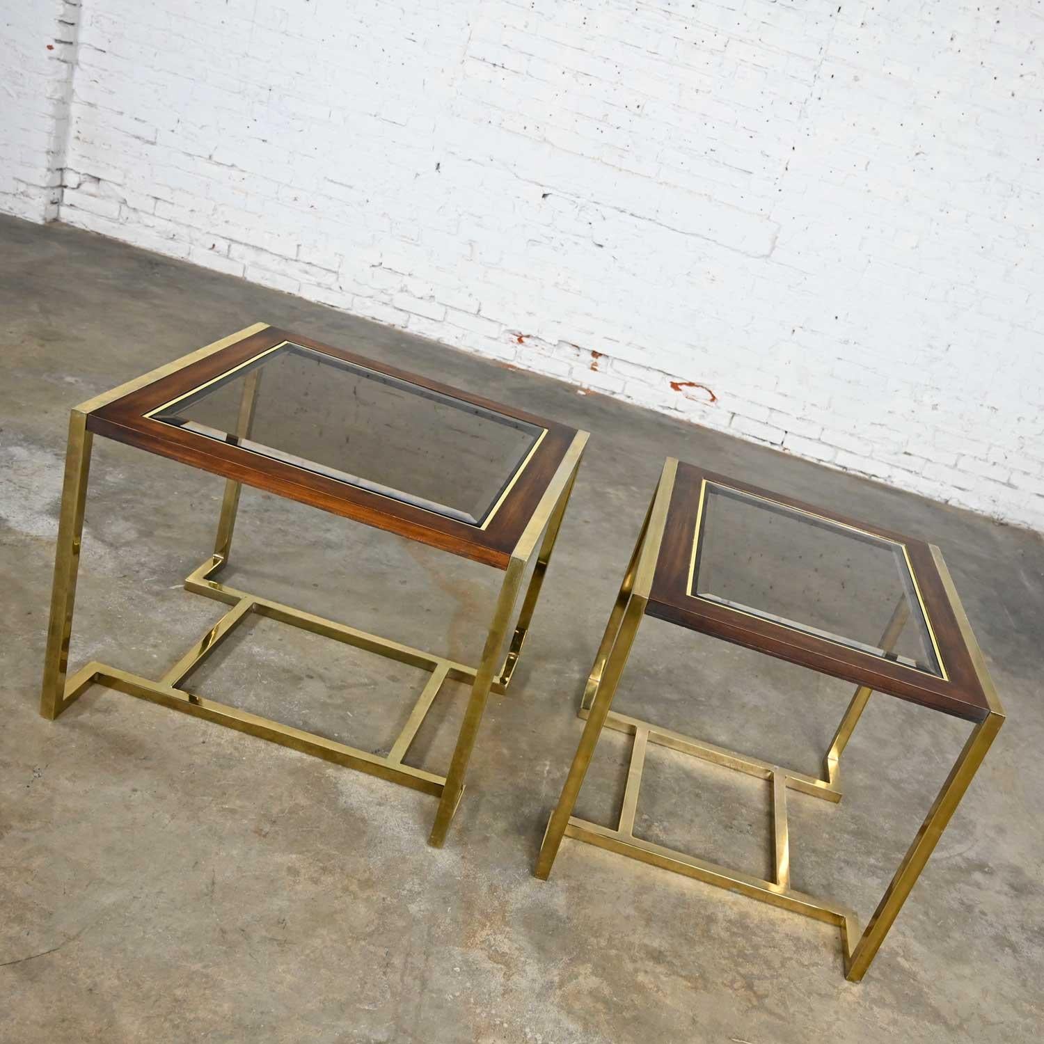 2 Brass Plated Wood & Glass End Tables by Thomasville Furn Style Milo Baughman In Good Condition For Sale In Topeka, KS