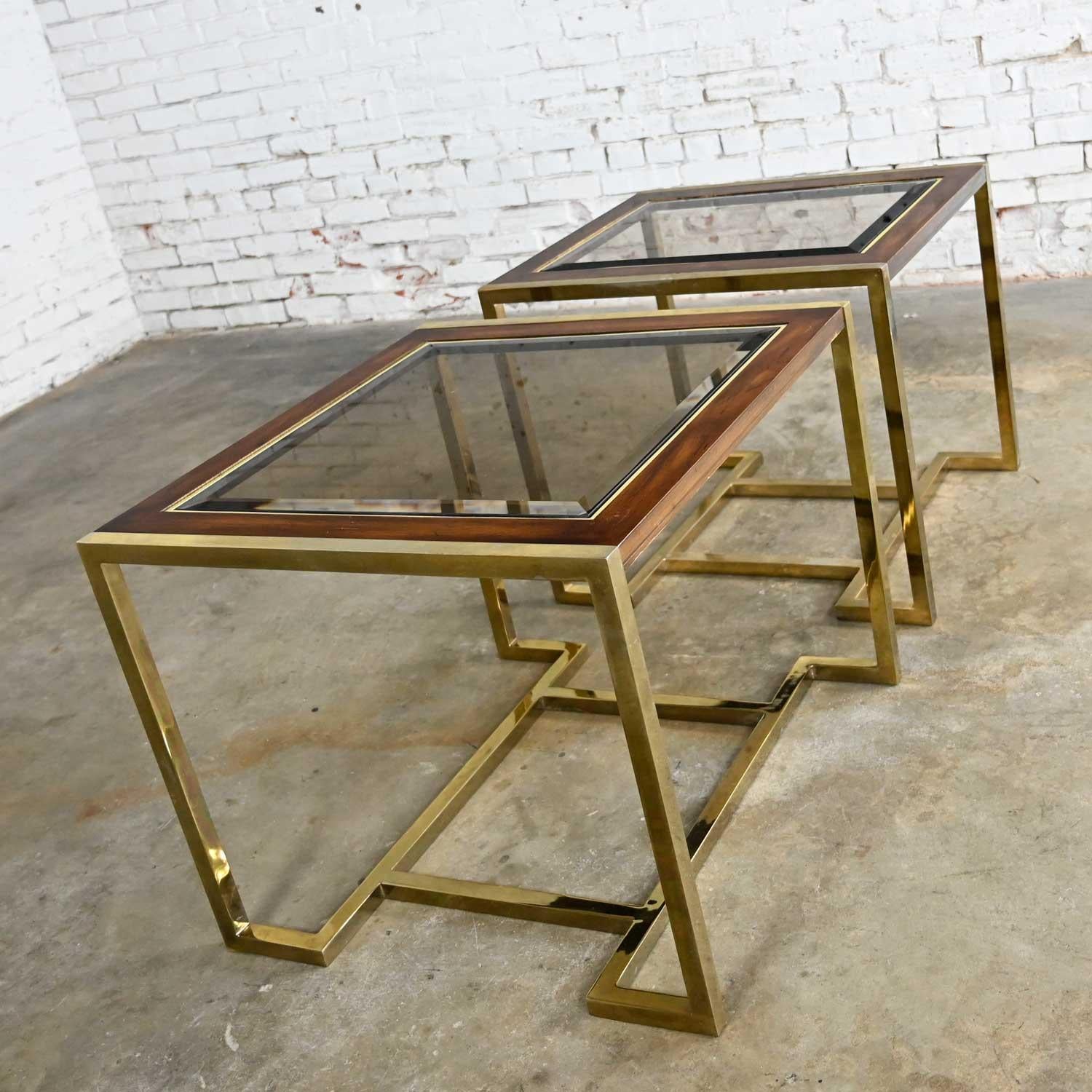 Late 20th Century 2 Brass Plated Wood & Glass End Tables by Thomasville Furn Style Milo Baughman For Sale