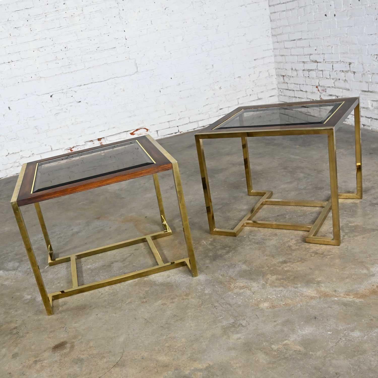 2 Brass Plated Wood & Glass End Tables by Thomasville Furn Style Milo Baughman For Sale 2