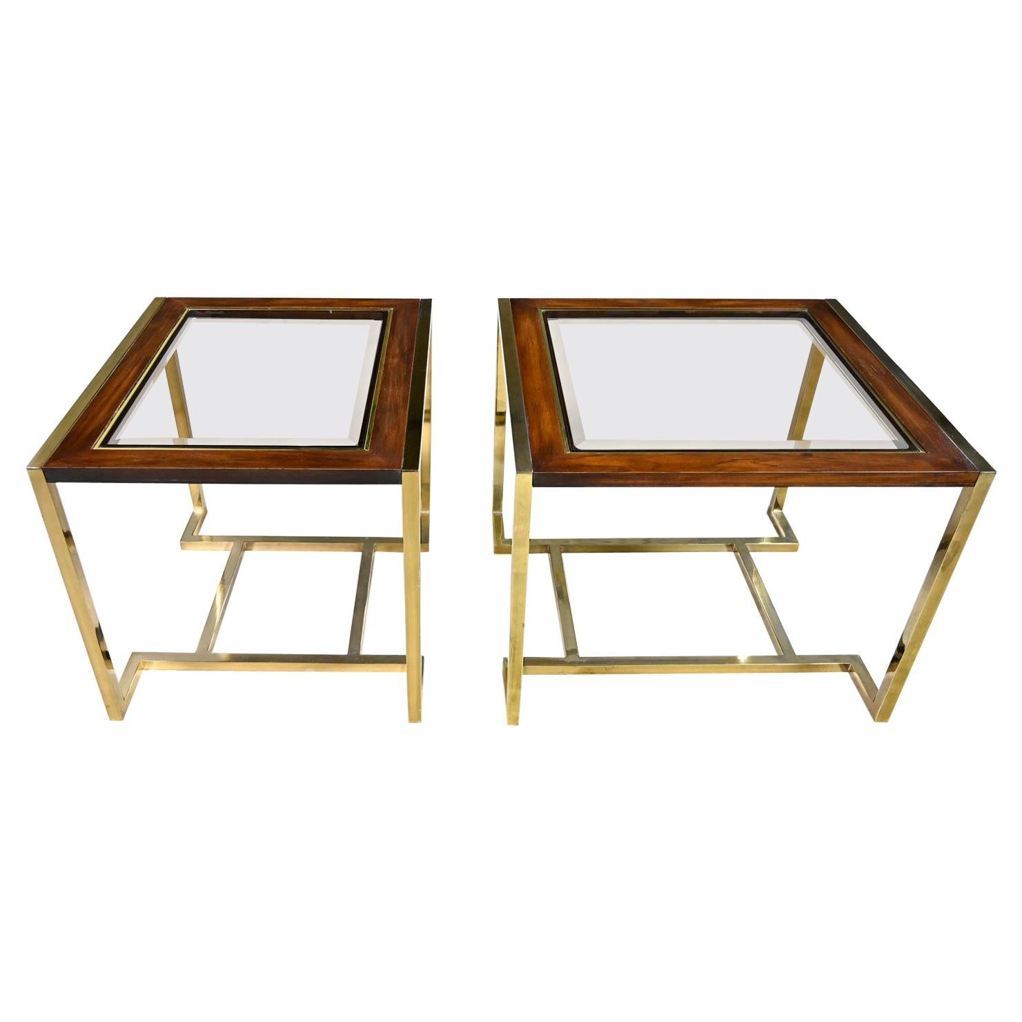 2 Brass Plated Wood & Glass End Tables by Thomasville Furn Style Milo Baughman
