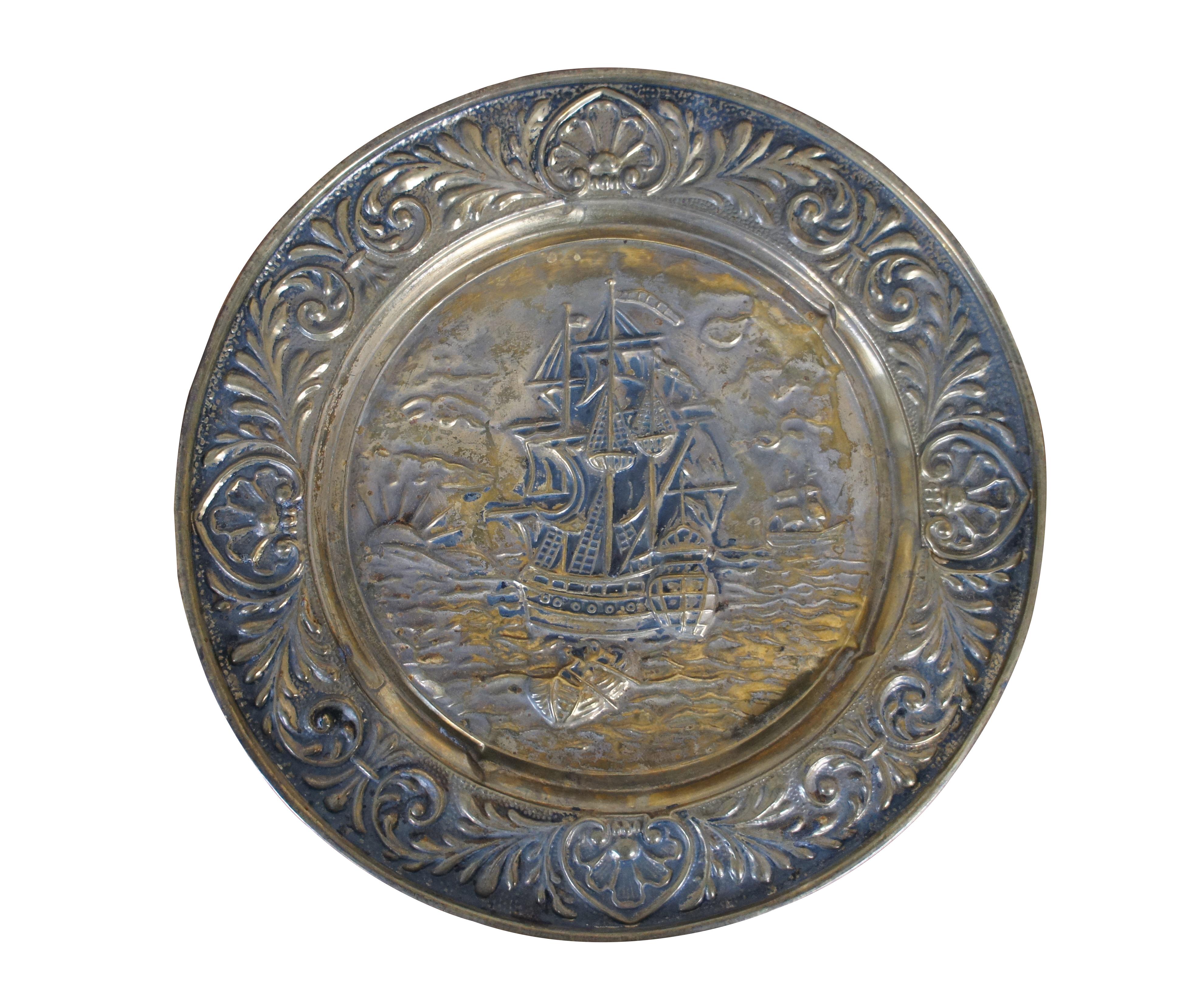 2 Brass Relief Nautical Maritime Seascape Clipper Galleon Boat Ship Platters 15