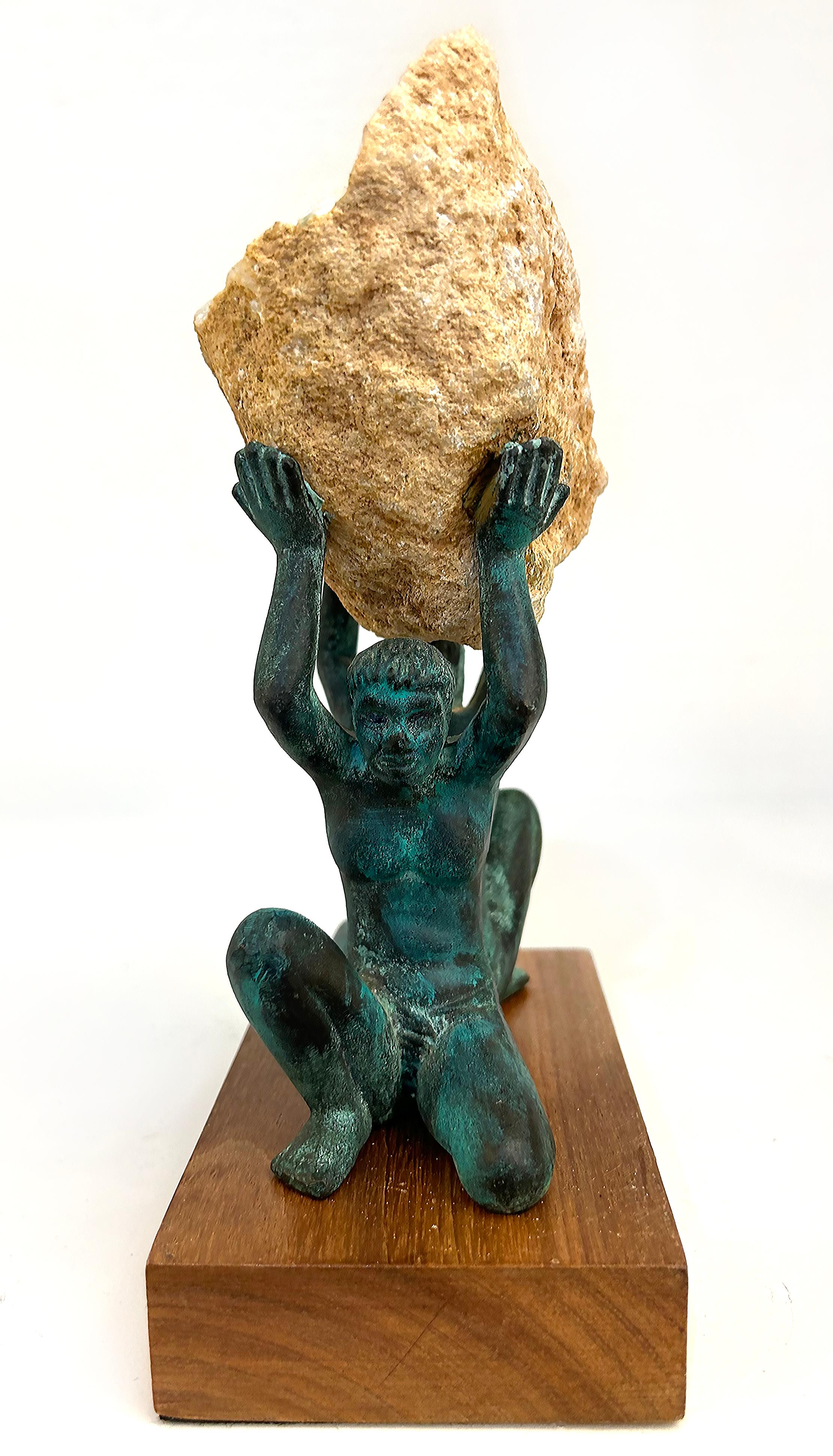 Patinated 2 Bronze Figures  Sculpture Supporting Natural Quartz Specimen For Sale