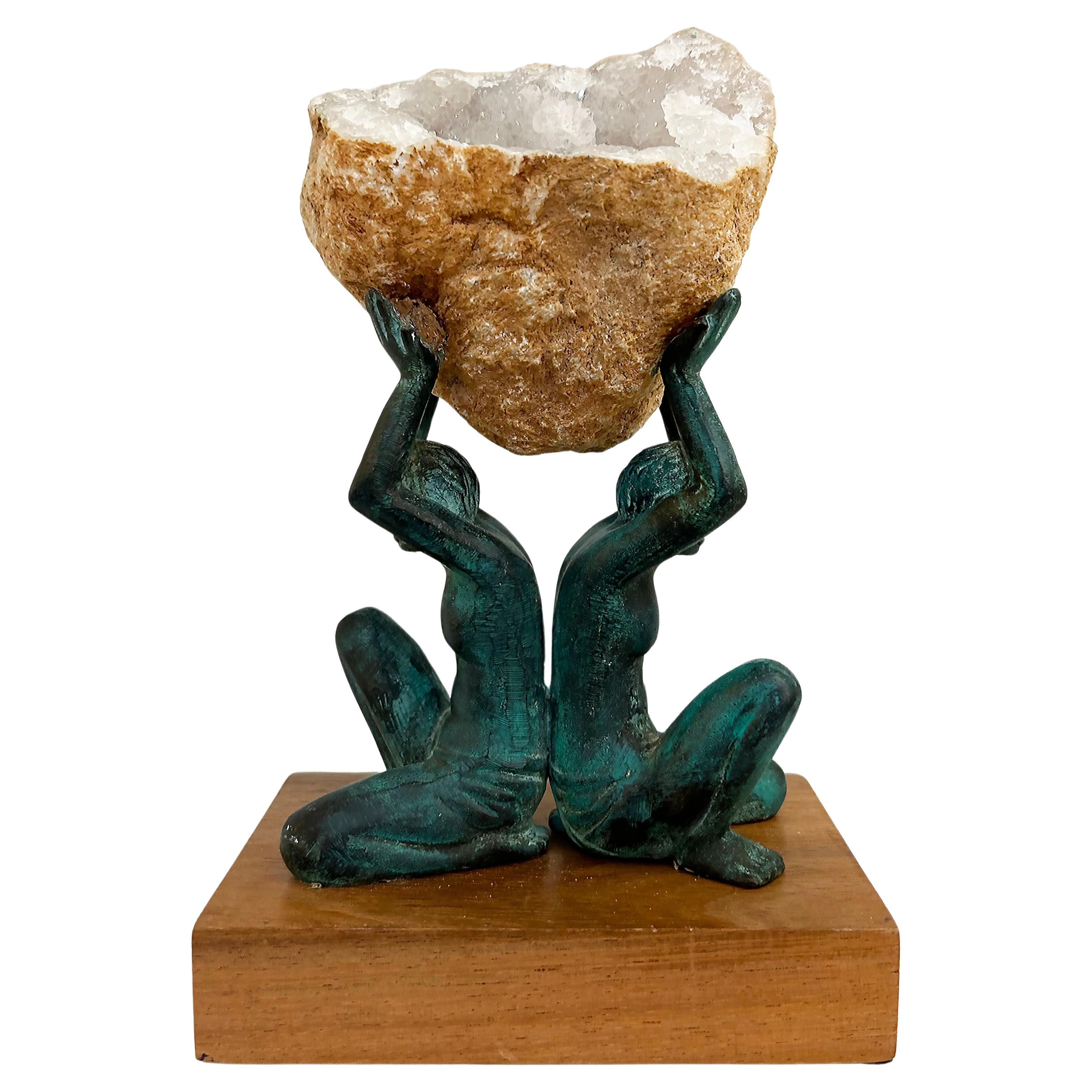 2 Bronze Figures  Sculpture Supporting Natural Quartz Specimen For Sale