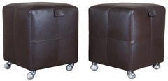 2 Brown Leather Baker Furniture Rolling Stools Ottoman Footrest Pouf Seat